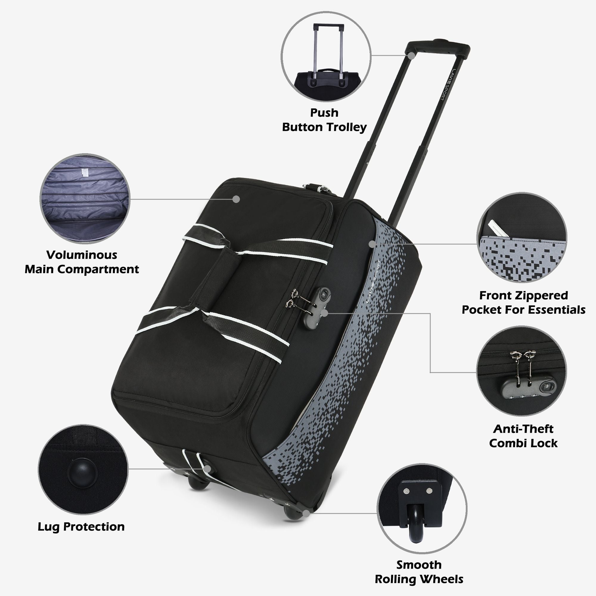 Lavie Sport Large Combo Size 53+63 Cm Litre Pixel Wheel Duffle Bag| Black - Lavie World