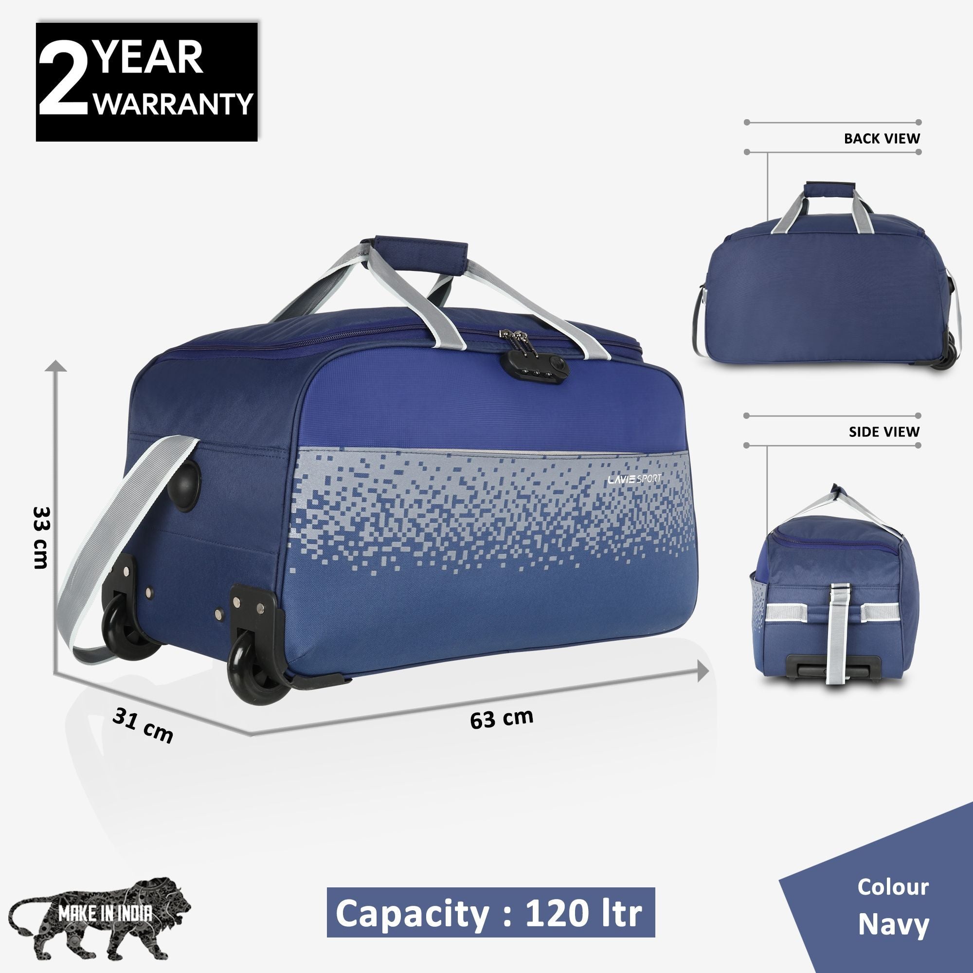 Lavie Sport Large Combo Size 53+63 Cm Litre Pixel Wheel Duffle Bag| Navy - Lavie World