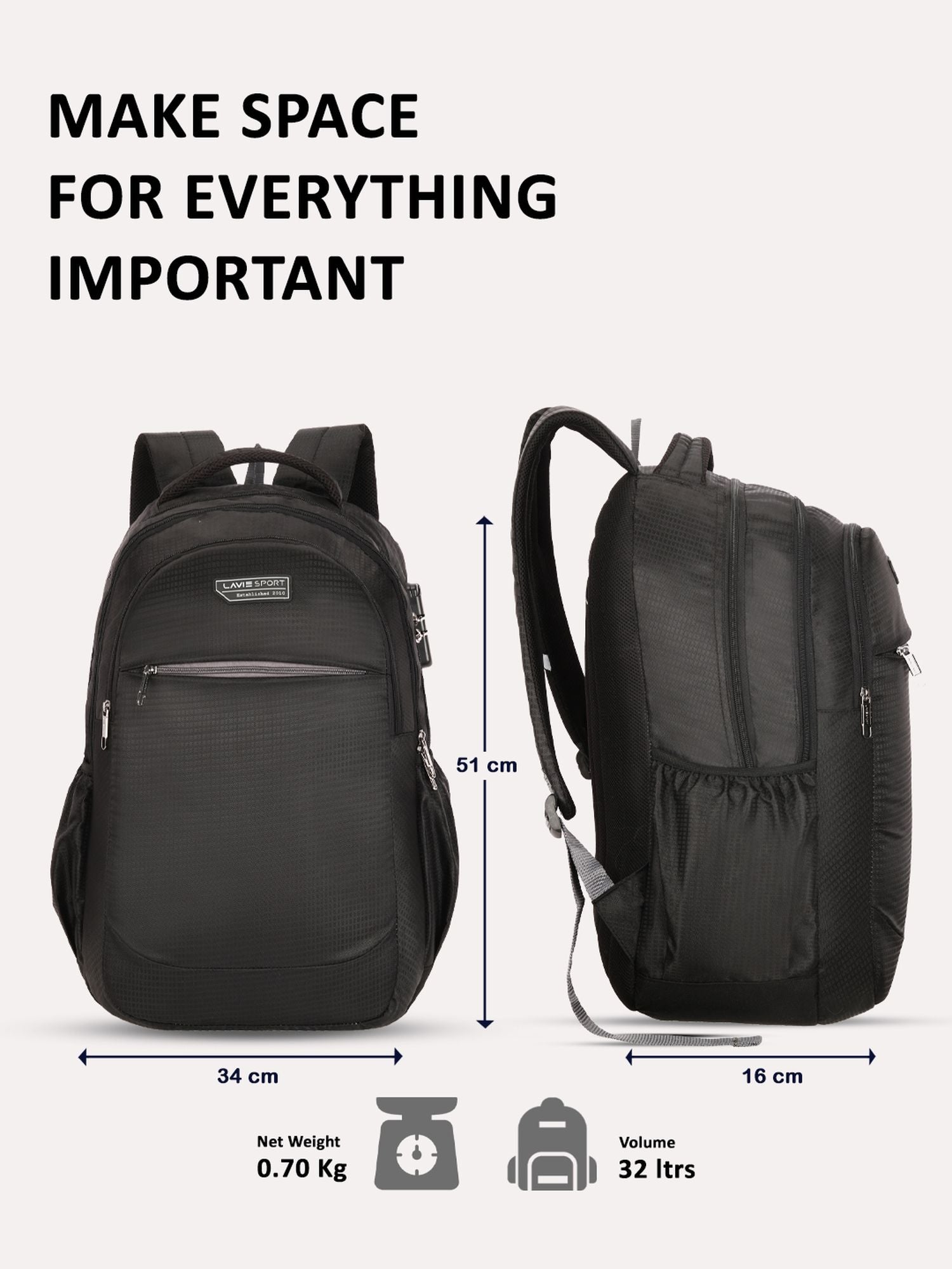 Lavie Sport Graphene 32L Laptop Backpack For Men & Women Black - Lavie World