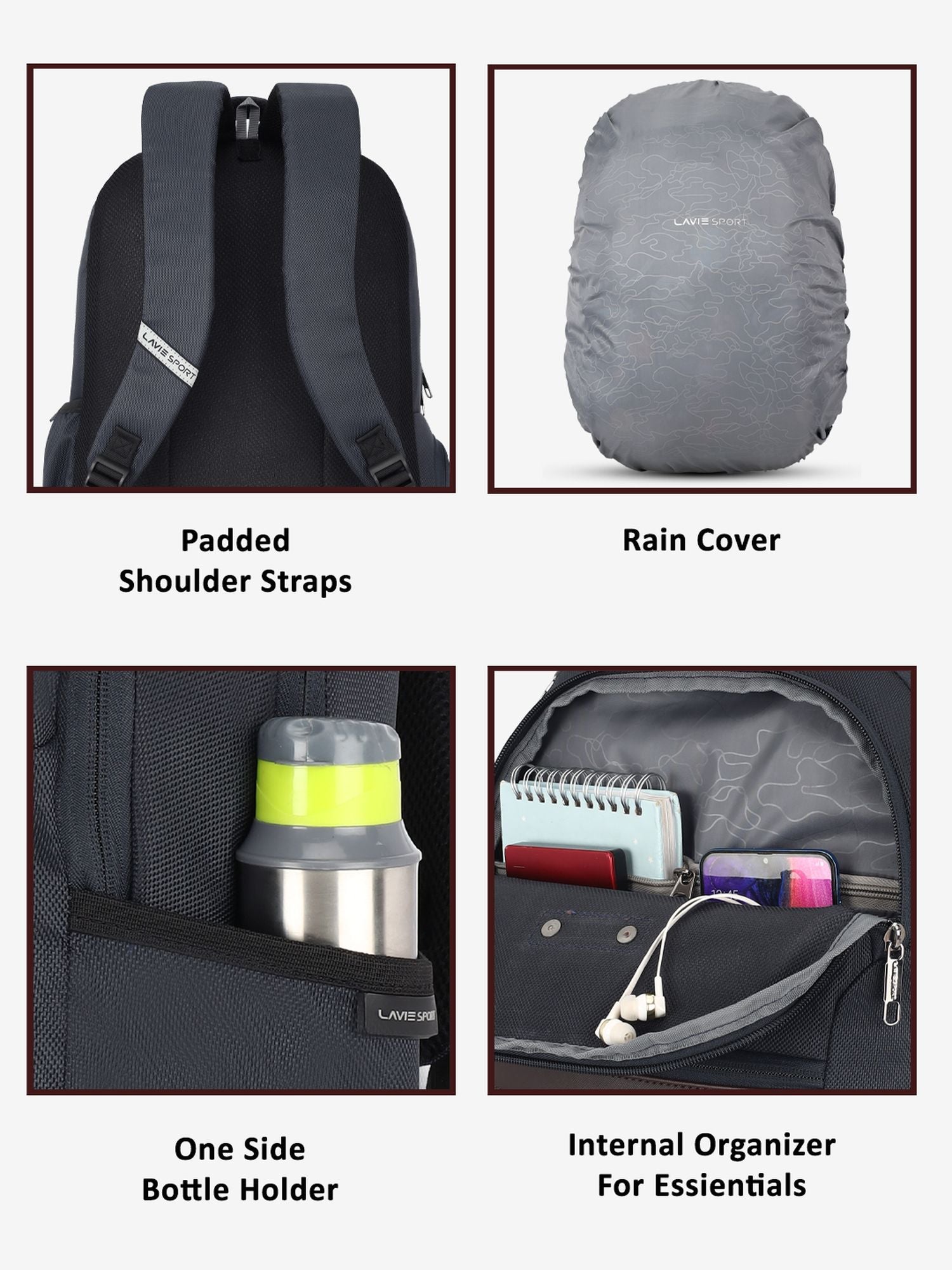 Lavie Sport Alliance Pro 37L Laptop Backpack with Raincover For Men & Women Navy