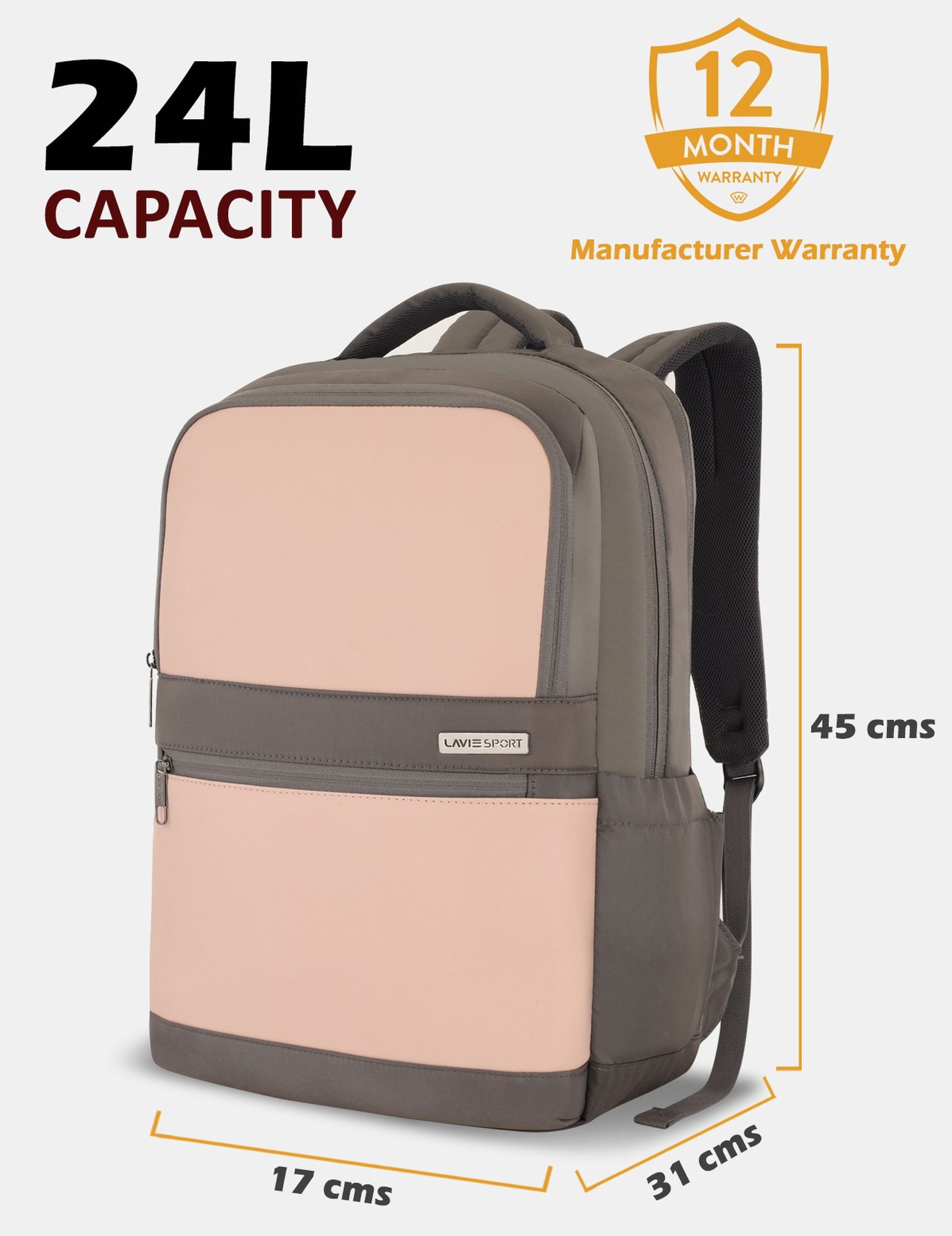 Lavie Sport Armour 24L Laptop Backpack with Trolley sleeve For Women Pink