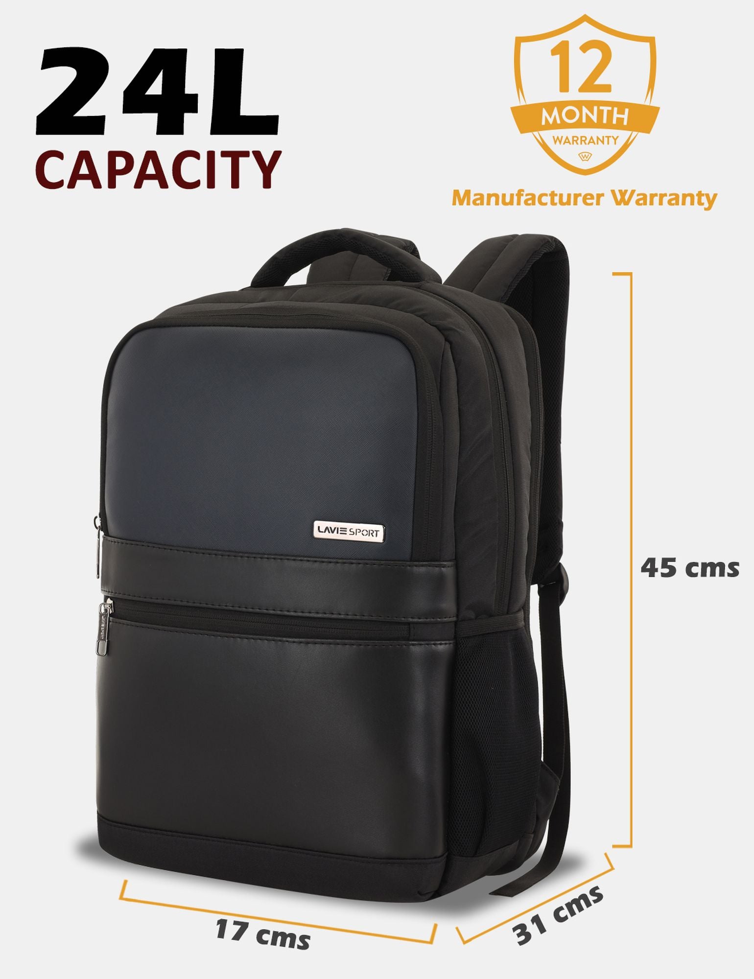 Lavie Sport Pioneer 24L Laptop Backpack with Trolley Sleeve For Men & Women Black/Navy