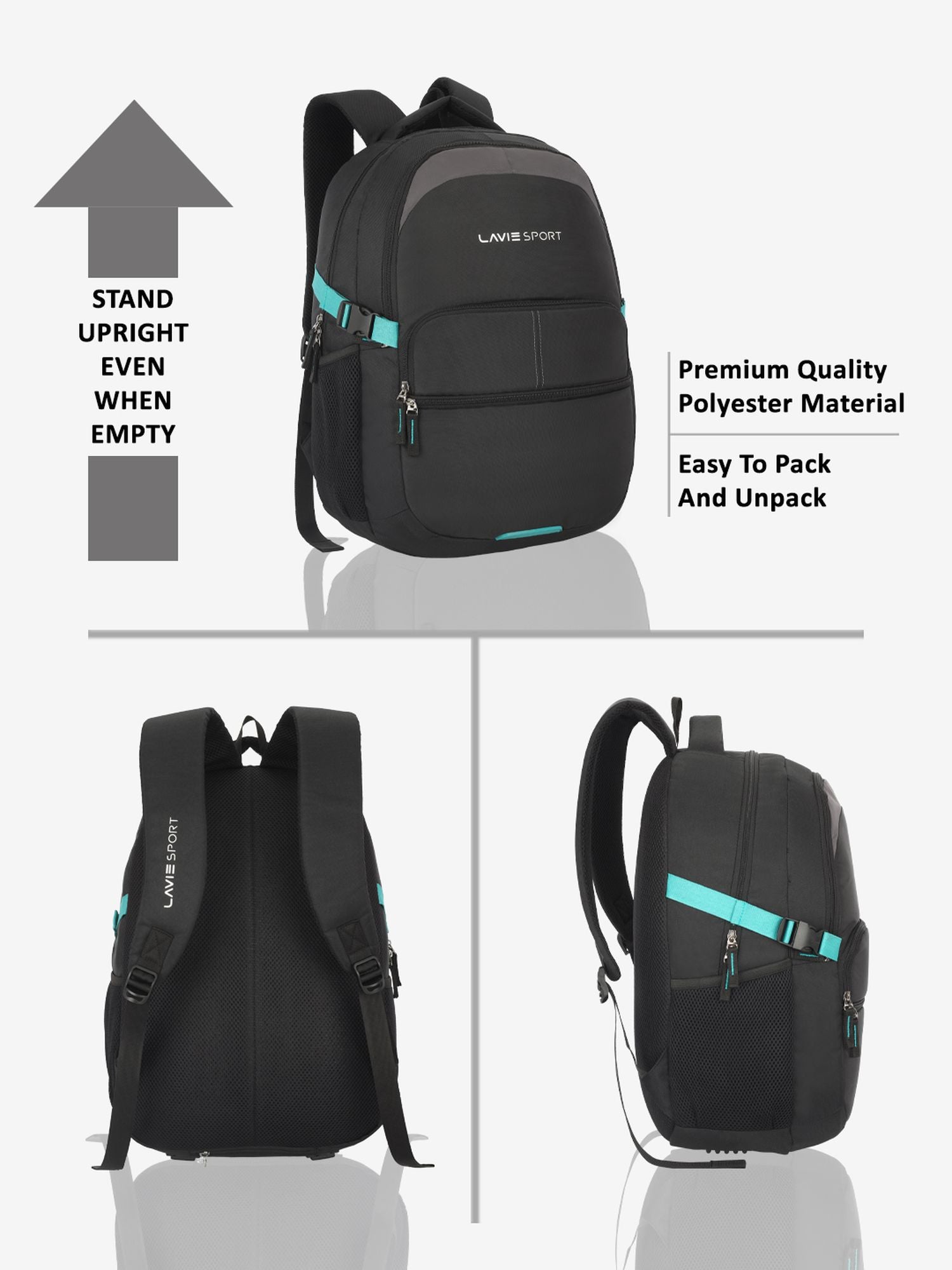 Lavie Sport Aspire 32L Laptop Backpack with Rain cover For Men & Women | Boys & Girls Black