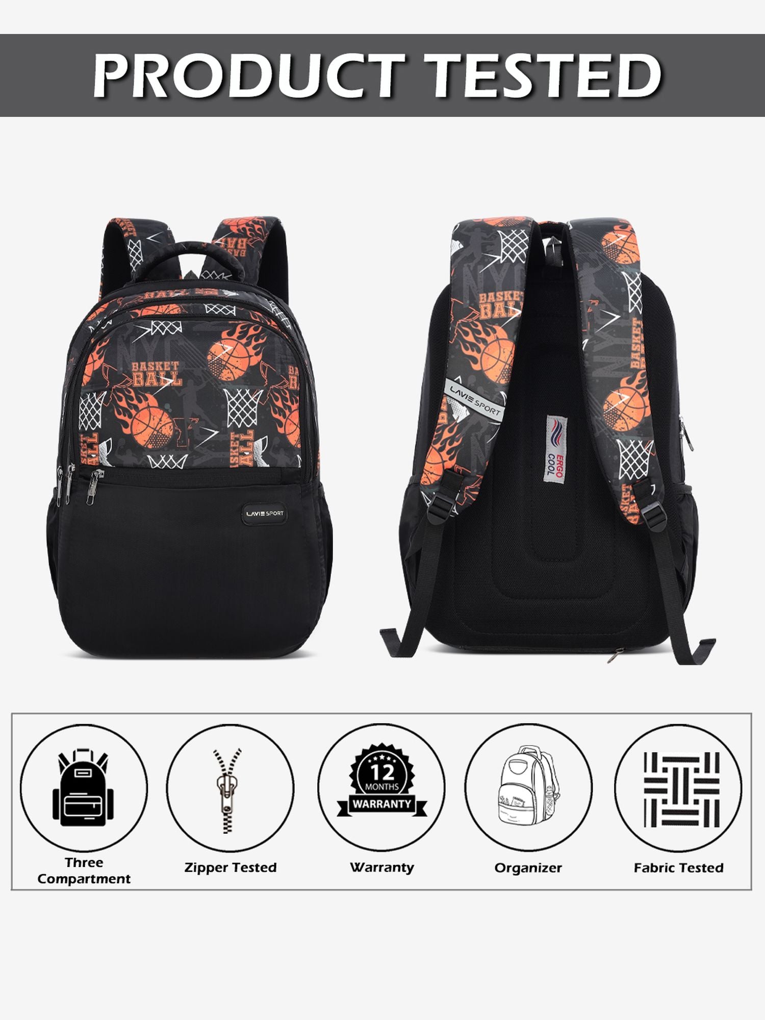 Basketball Backpack Laptop Compatible Raincover Black