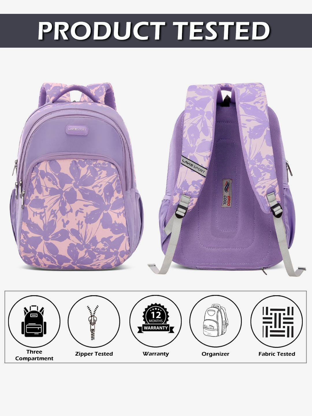 Lavie Sport 35L Heather Backpack | Laptop Compatiable | Raincover Purple