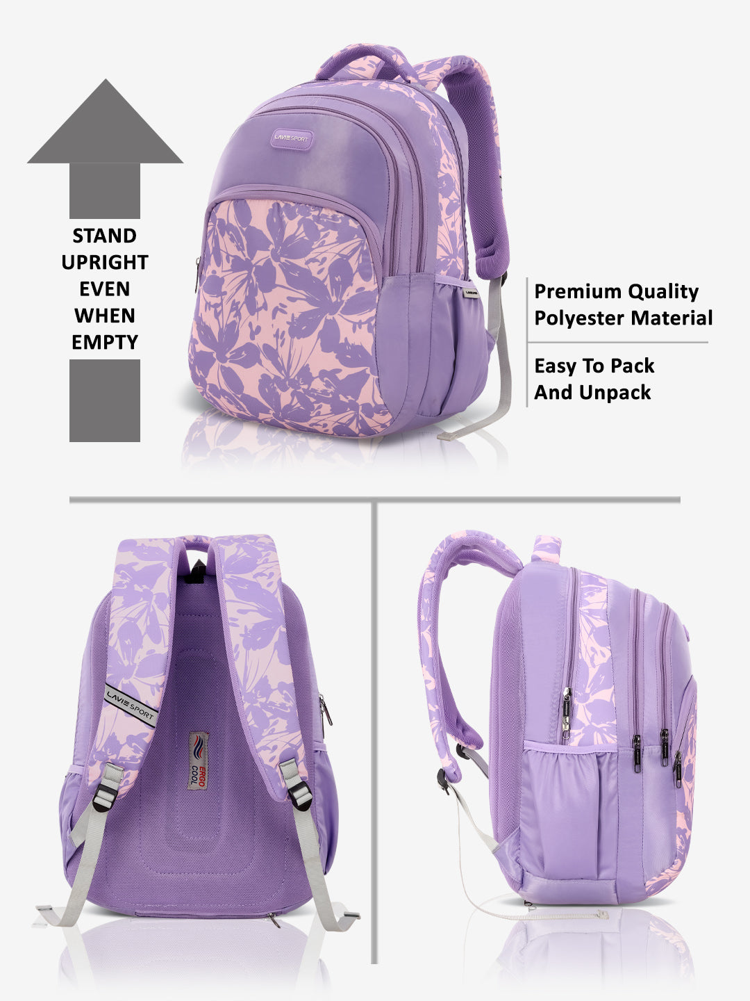 Lavie Sport 35L Heather Backpack | Laptop Compatiable | Raincover Purple