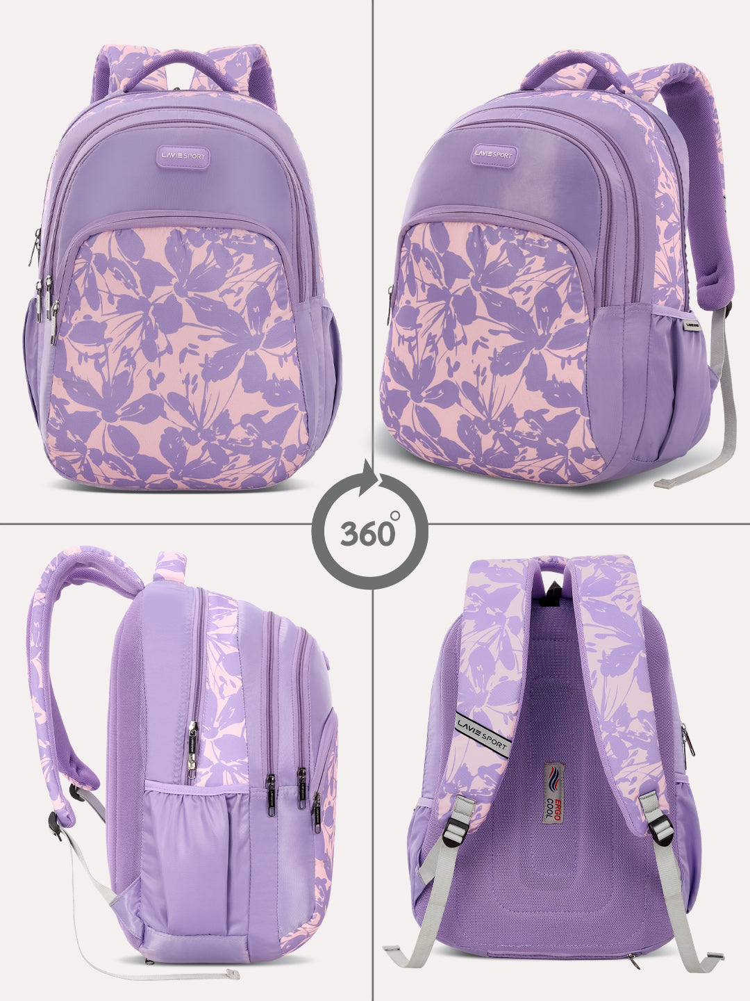 Lavie Sport 35L Heather Backpack | Laptop Compatiable | Raincover Purple