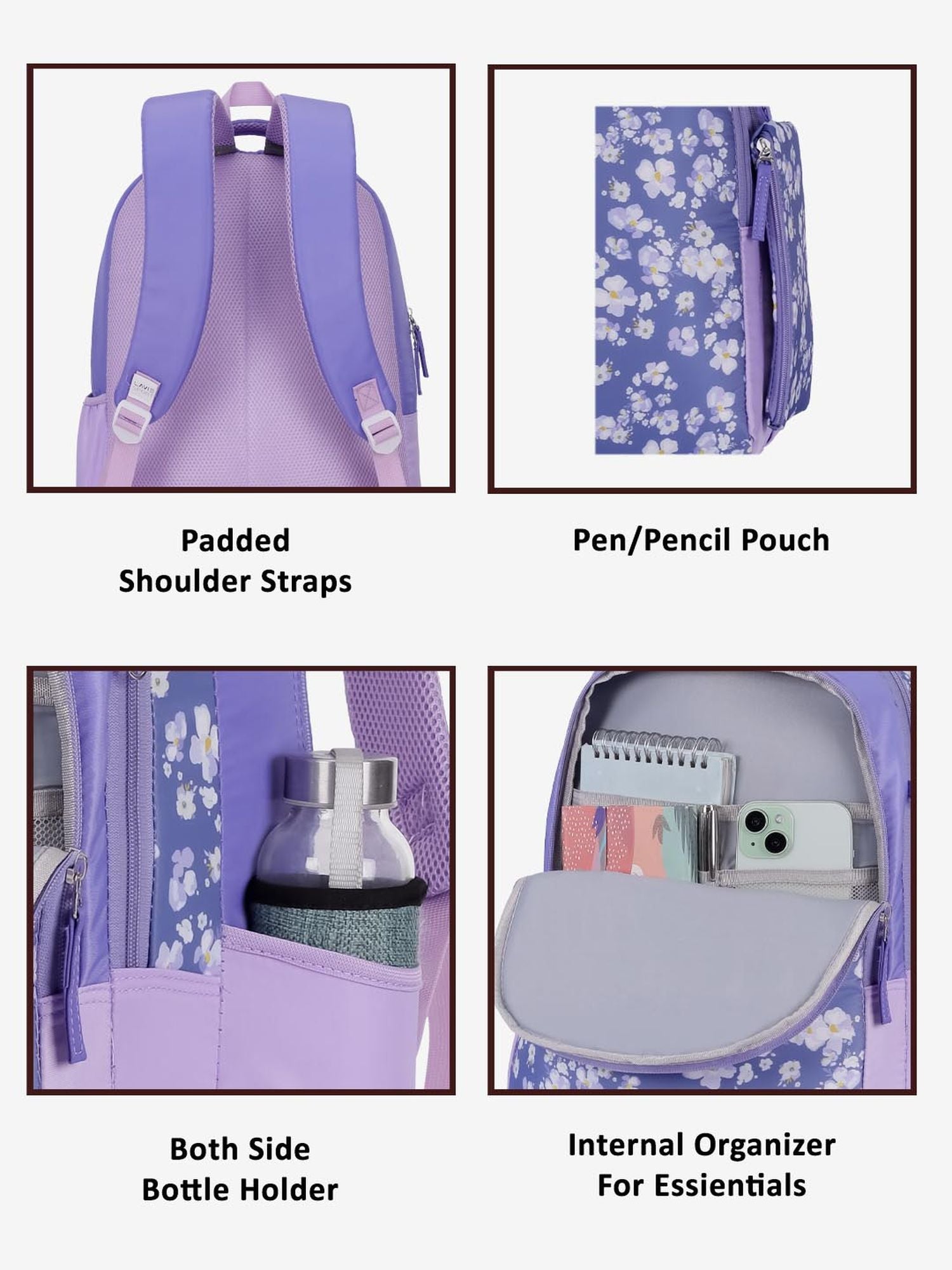 Orchid Printed Backpack Pencil Pouch Bag Lilac