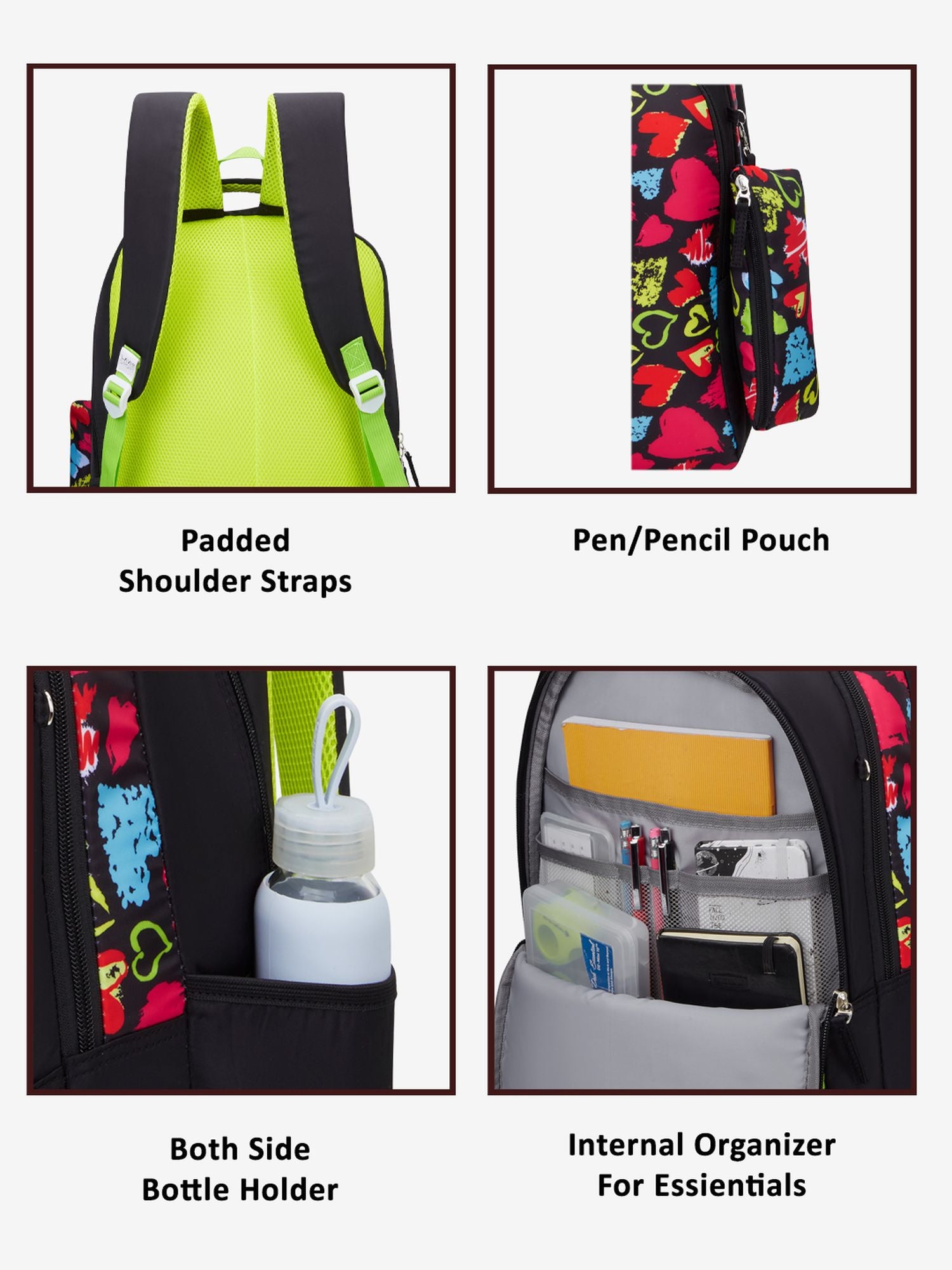 Passion Printed Backpack Pencil Pouch Bag Black