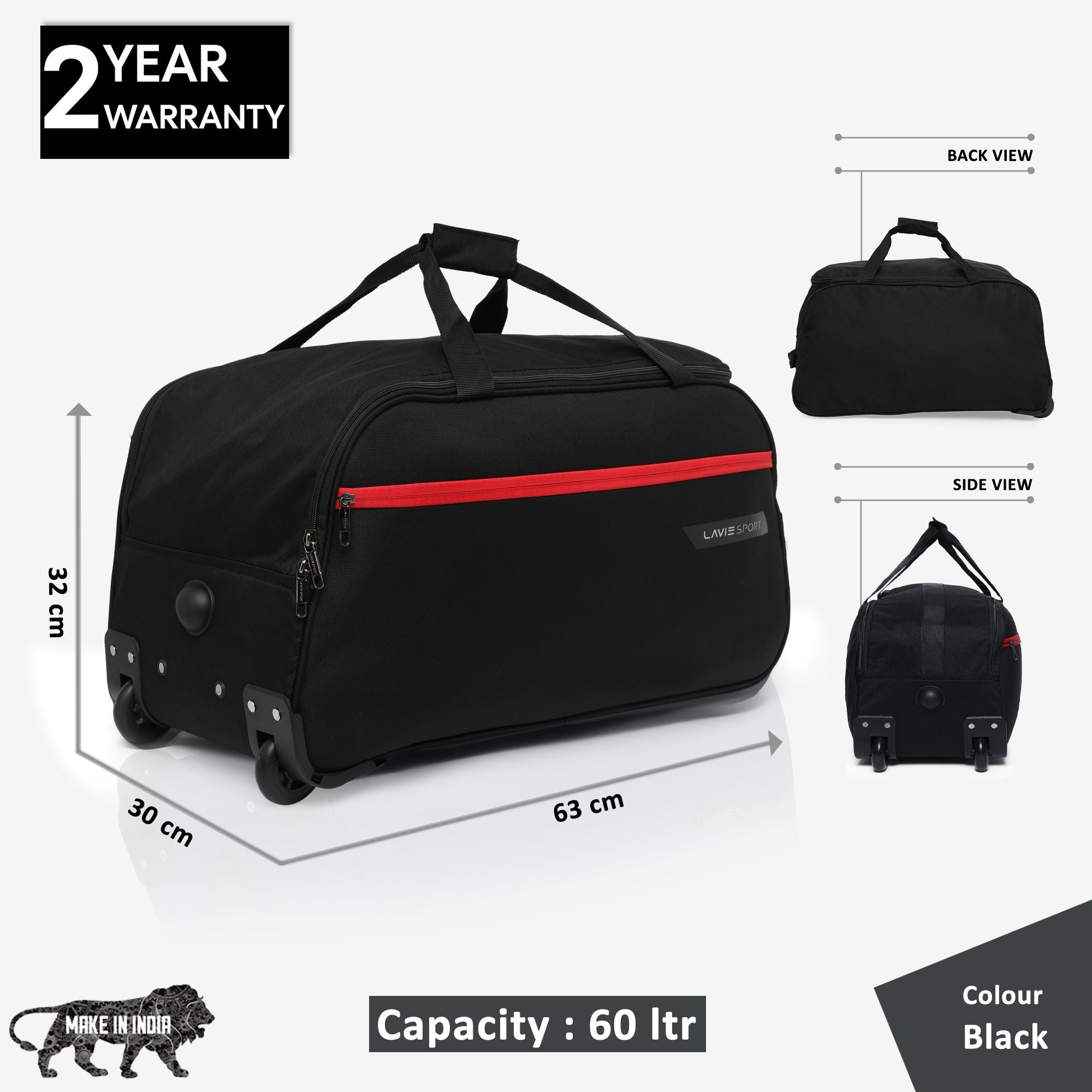 Lavie Sport Large Size 63 Cms Lino Wheel Duffle Bag | Black - Lavie World