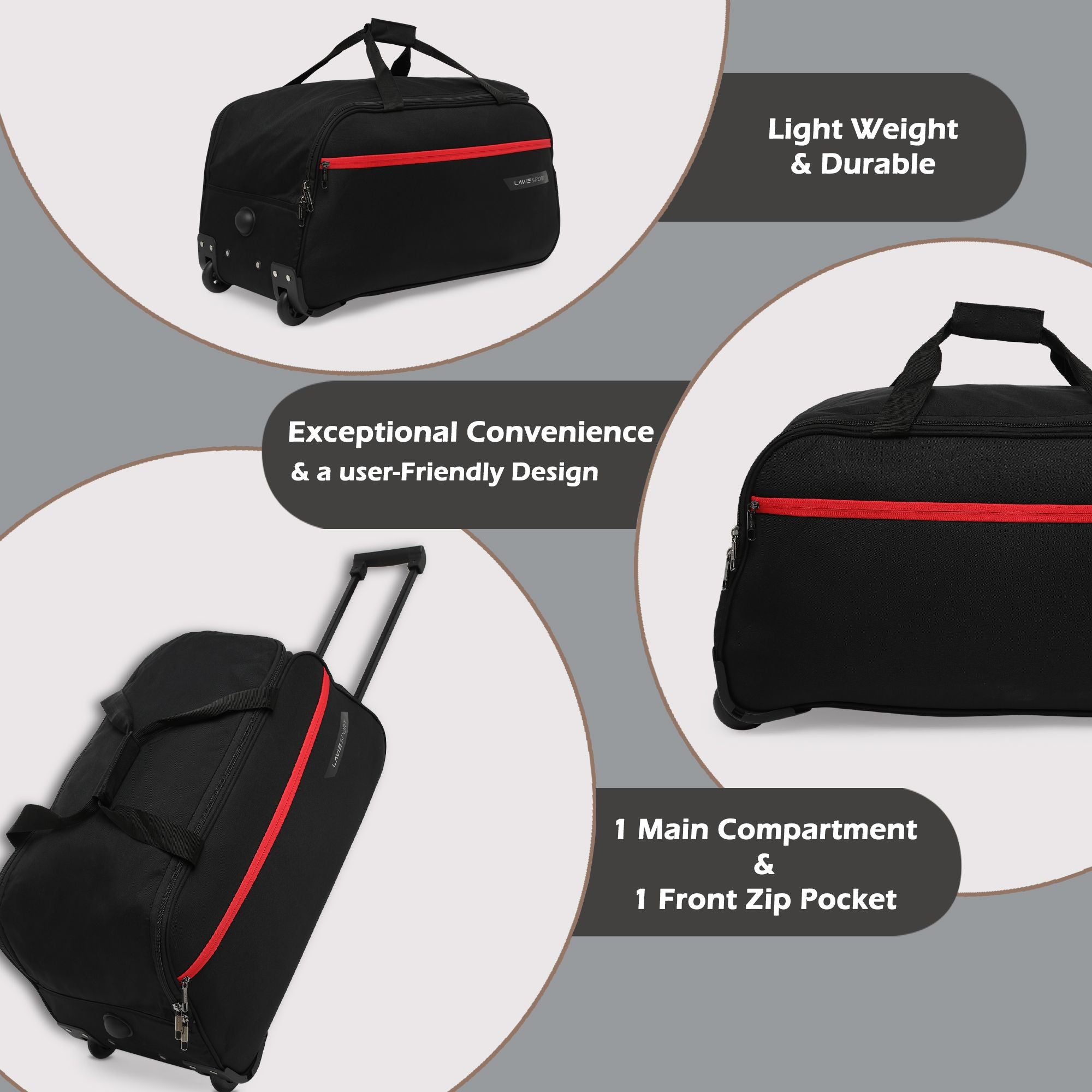 Lavie Sport Large Size 63 Cms Lino Wheel Duffle Bag | Black - Lavie World