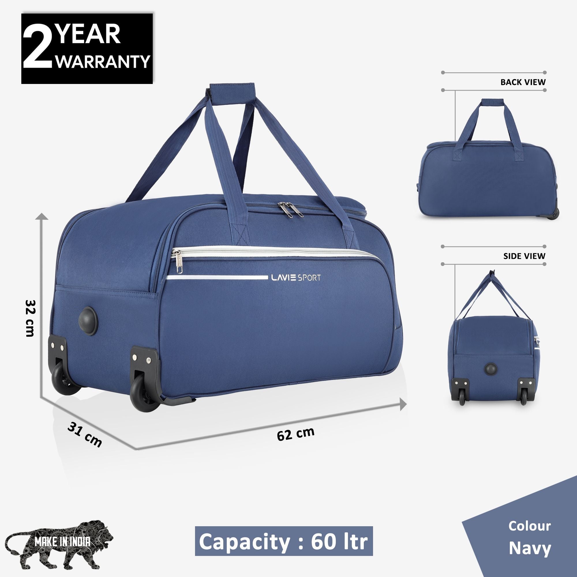Lavie Sport Large Size 62 Cms Galactic Wheel Duffle Bag | Navy - Lavie World