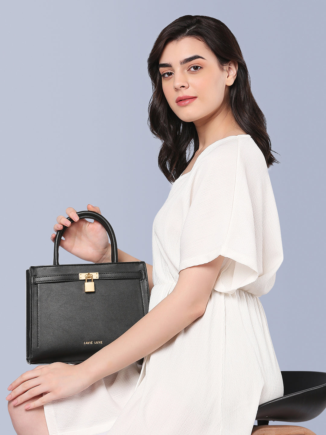 Lavie Luxe Black Medium Women's Lock Satchel Bag