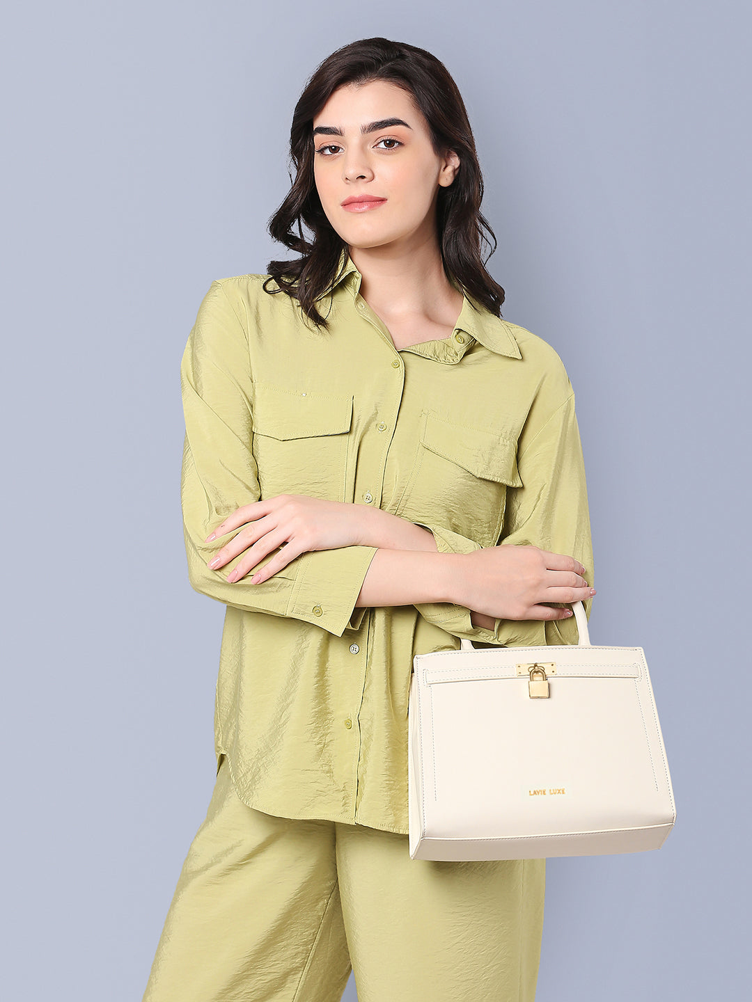 Lavie Luxe Off White Medium Women's Lock Satchel Bag