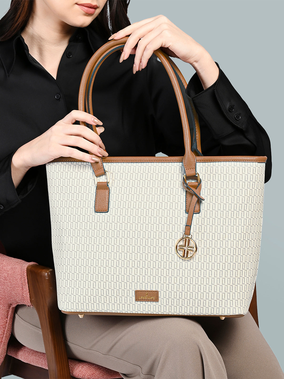 Lavie Luxe Monogram Sherry Pro Off White Large Women's Tote