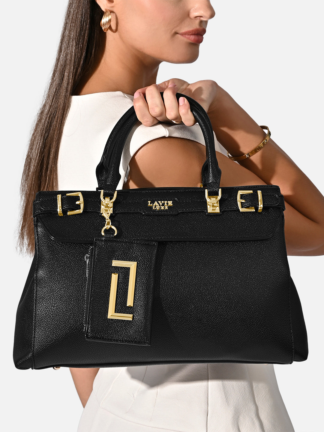 Duo Cindy Horizontal Medium Satchel Bag Black