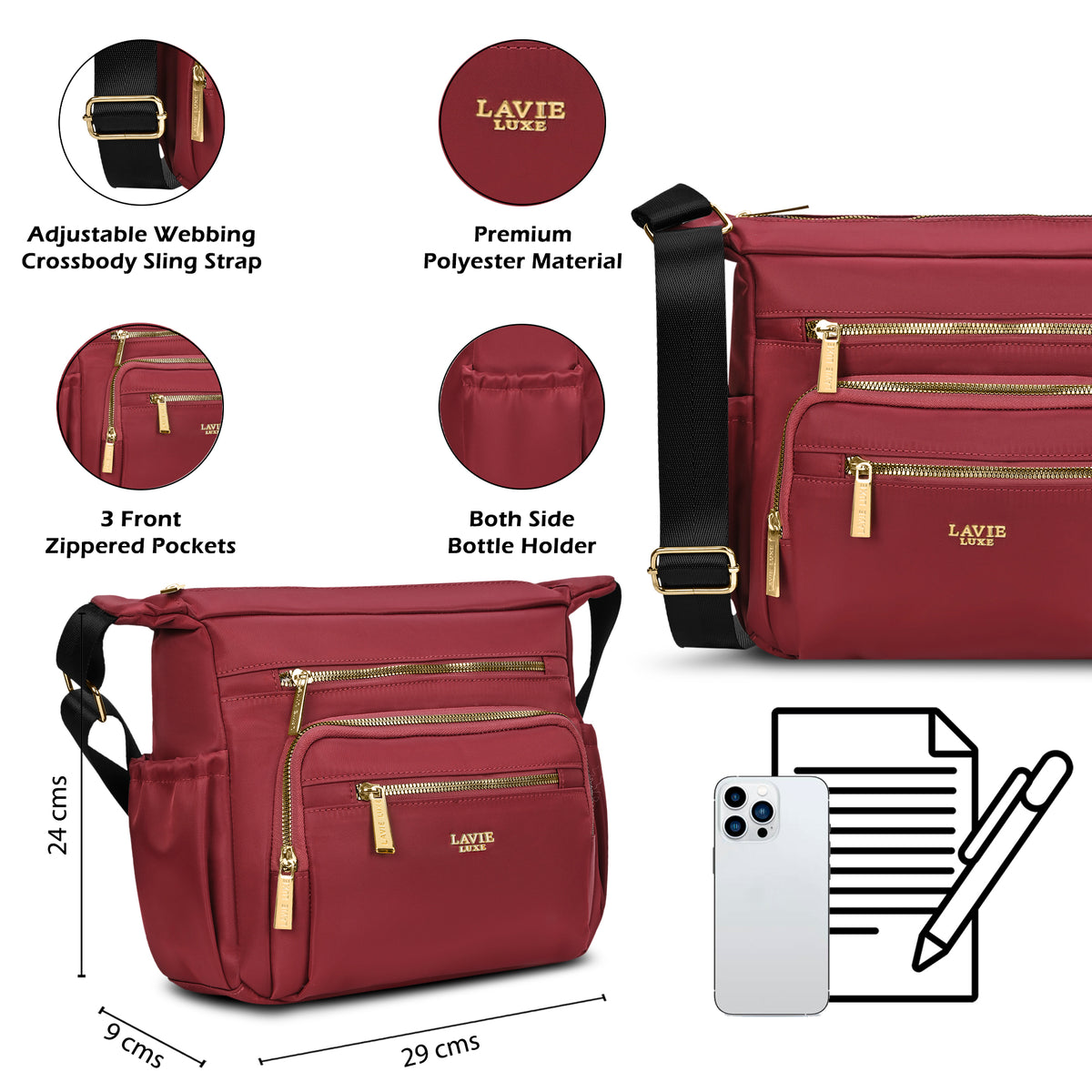Zylo 7 Compartment Large Maroon Sling Bag