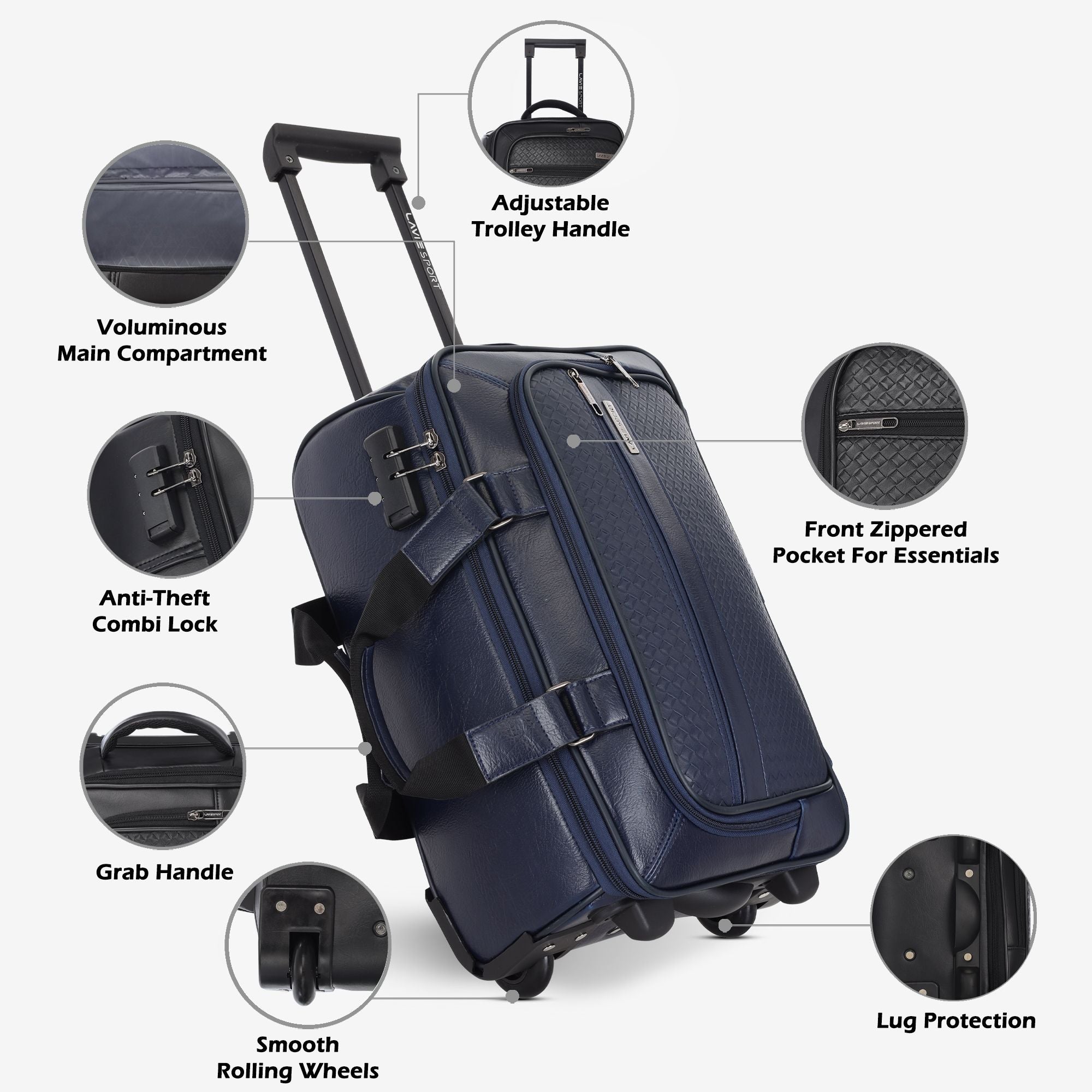 Premium Metro Trolley Laptop Compatible Combi Lock Overnighter Duffle Bag Navy