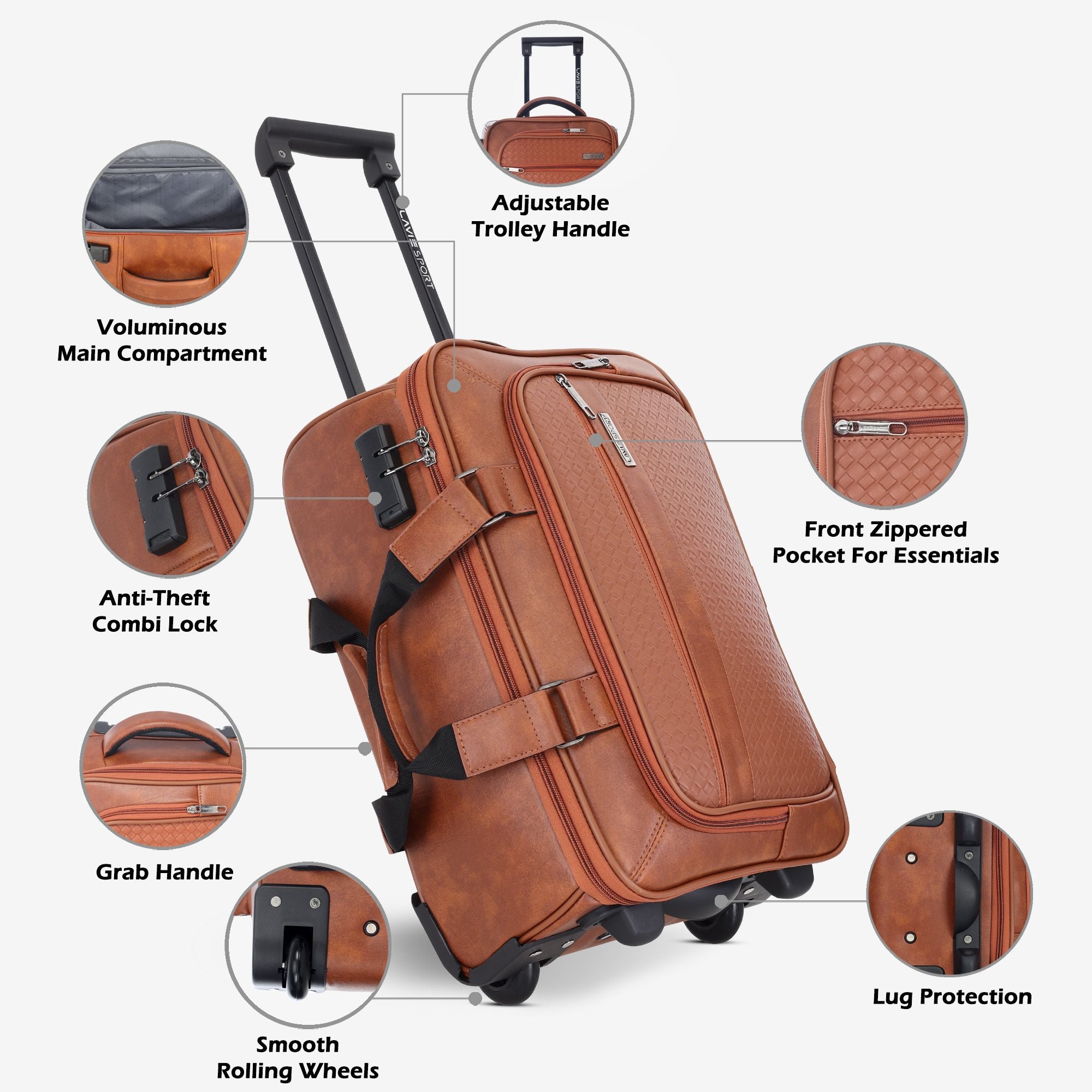 Premium Metro Trolley Laptop Compatible Combi Lock Overnighter Duffle Bag Tan