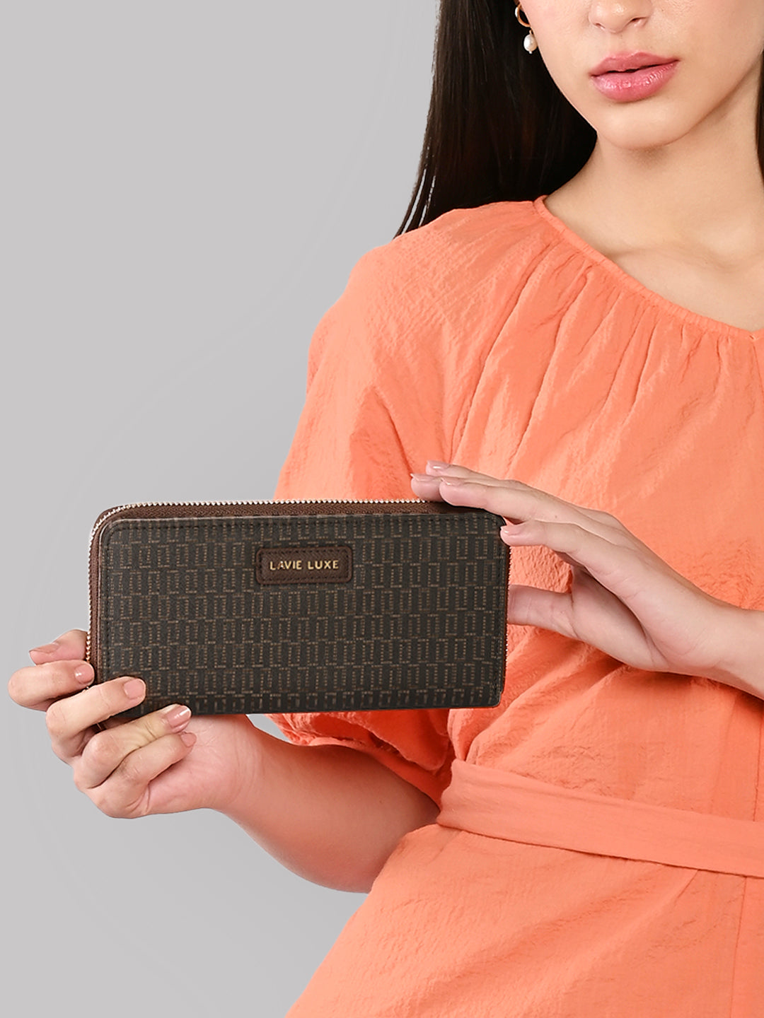 Lavie Luxe Mono Sacy Choco Large Women's Zip Around Wallet