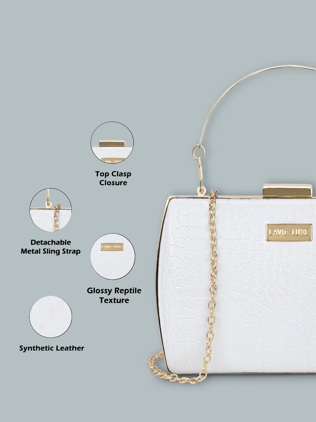 Lavie Luxe Glossy Dino Women's Frame Clutch Purse Large White