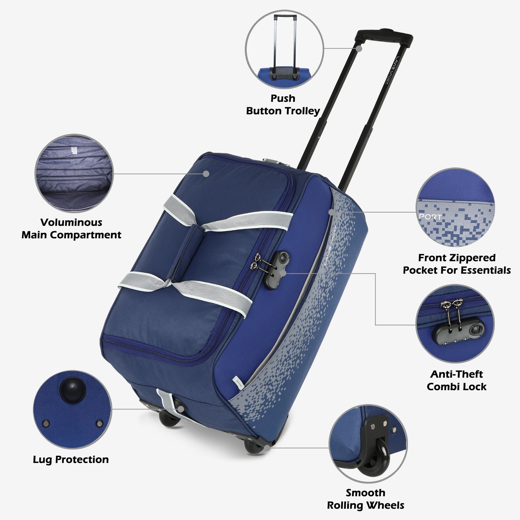 Lavie Sport Large Combo Size 53+63 Cm Litre Pixel Wheel Duffle Bag| Navy - Lavie World