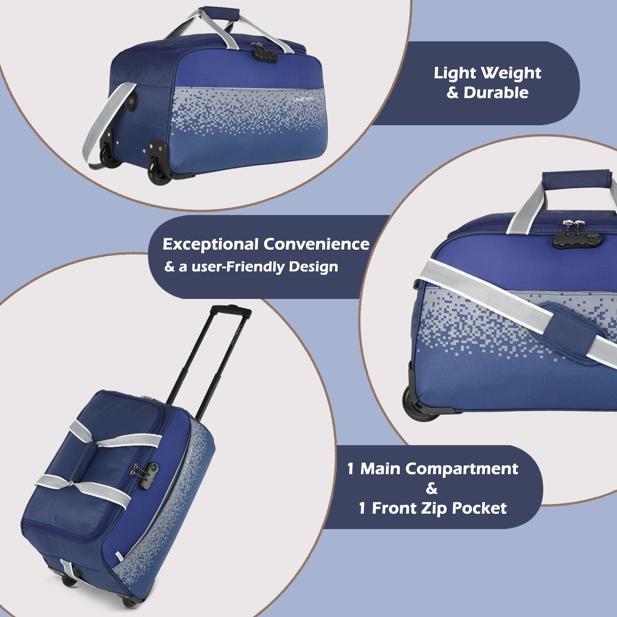Lavie Sport Large Combo Size 53+63 Cm Litre Pixel Wheel Duffle Bag| Navy - Lavie World
