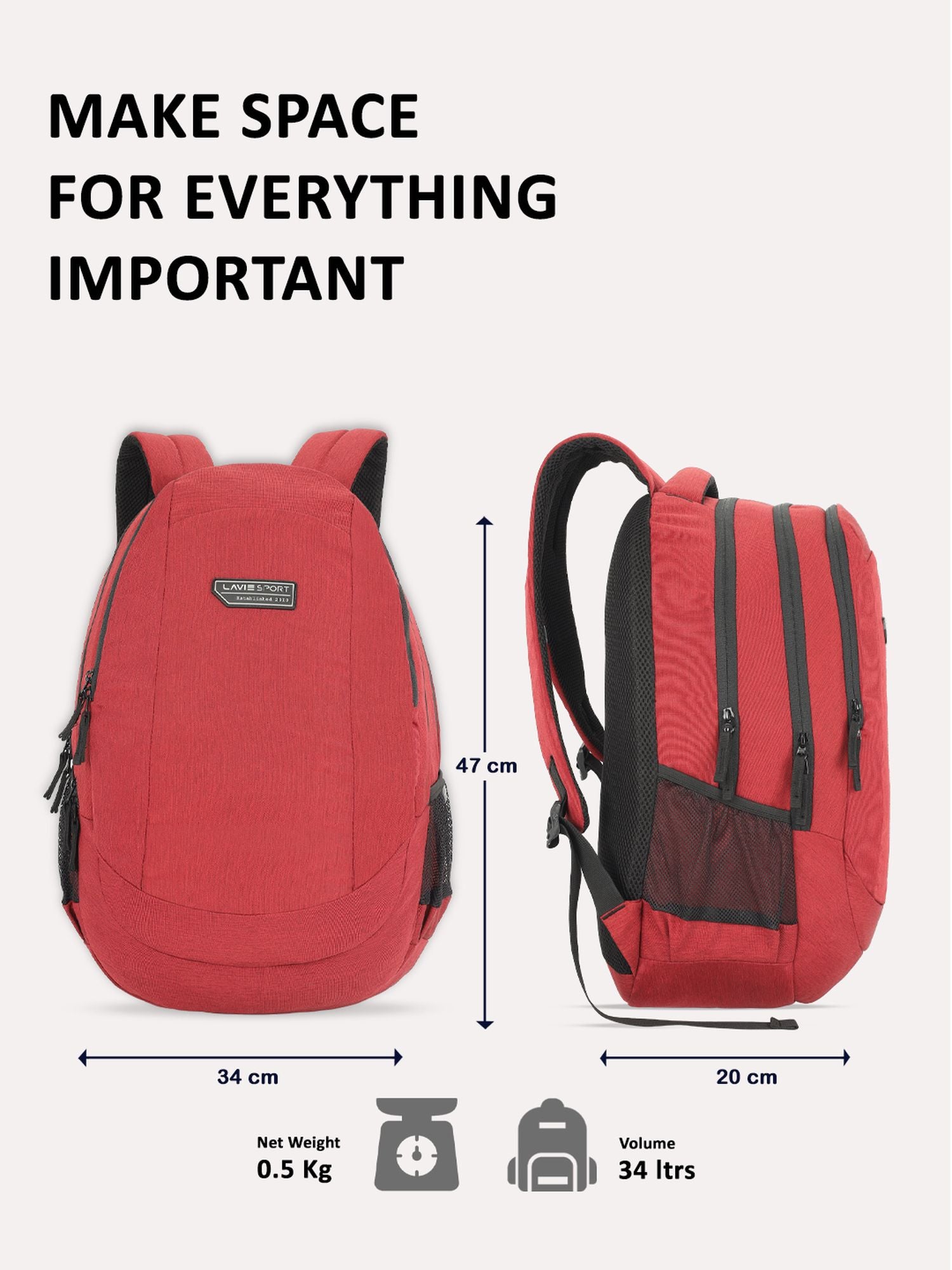 Lavie Sport Peak 34L Laptop Backpack For Men & Women |Boys & Girls Red - Lavie World