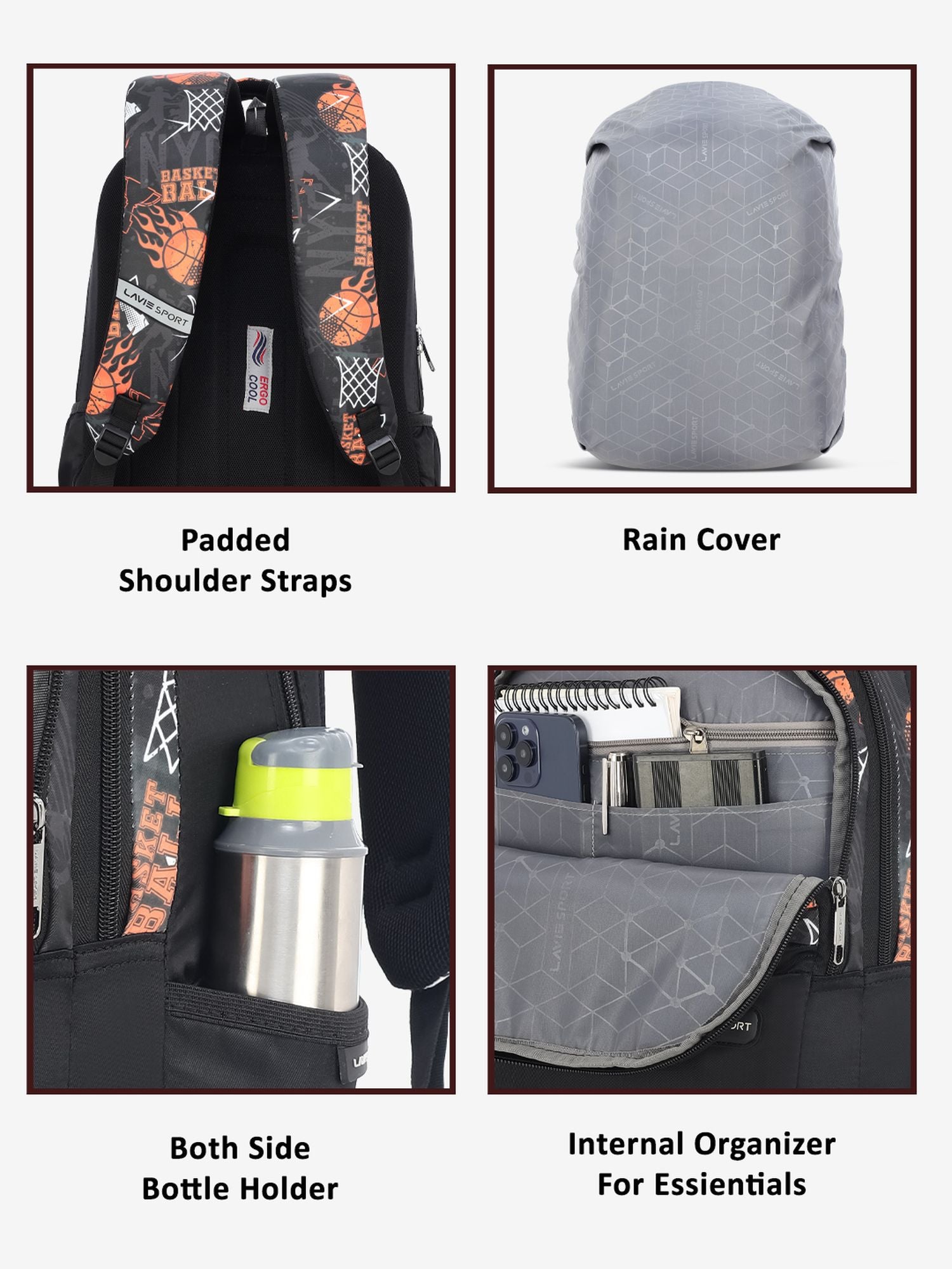 Basketball Backpack Laptop Compatible Raincover Black