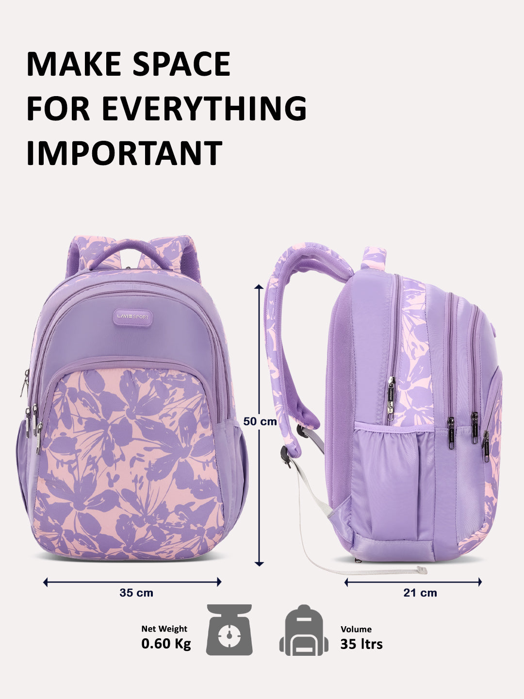Lavie Sport 35L Heather Backpack | Laptop Compatiable | Raincover Purple