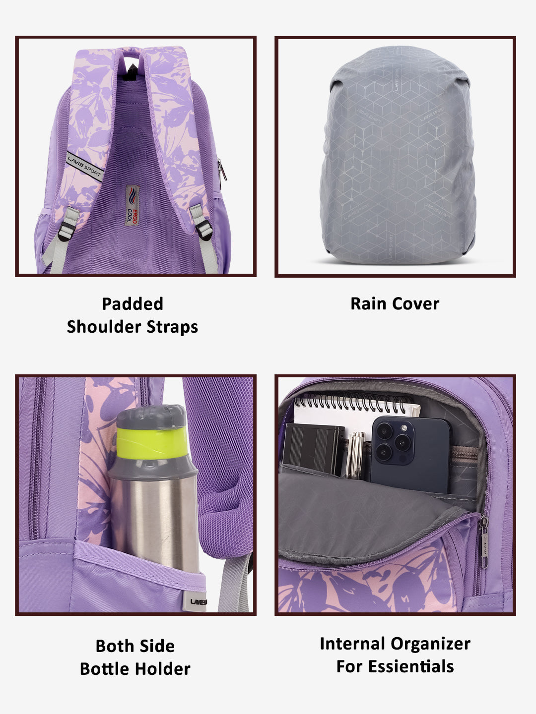 Lavie Sport 35L Heather Backpack | Laptop Compatiable | Raincover Purple