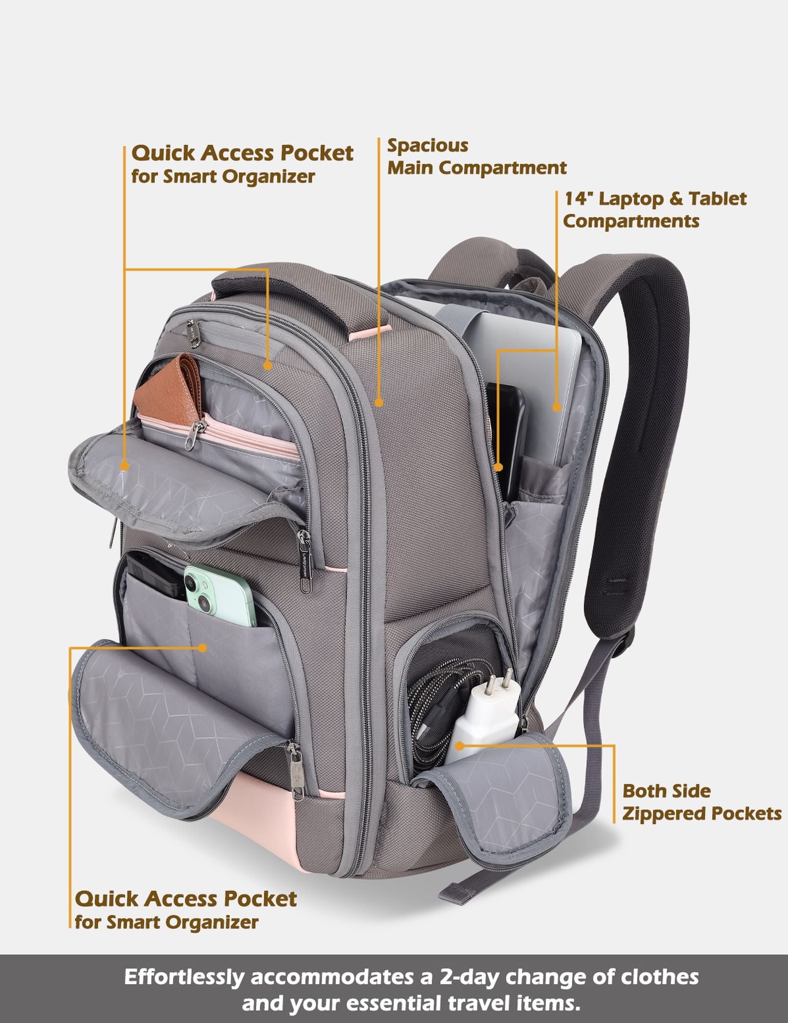 Business Elite Professional Laptop Backpack Trolley Sleeve Grey/Pink