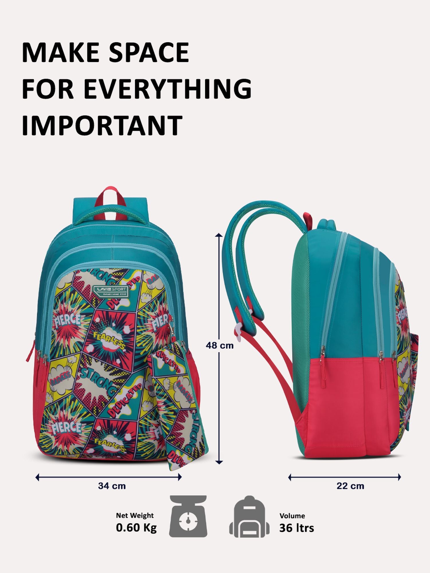 Fierce Backpack Laptop Compatible Pencil Pouch Pink/Teal