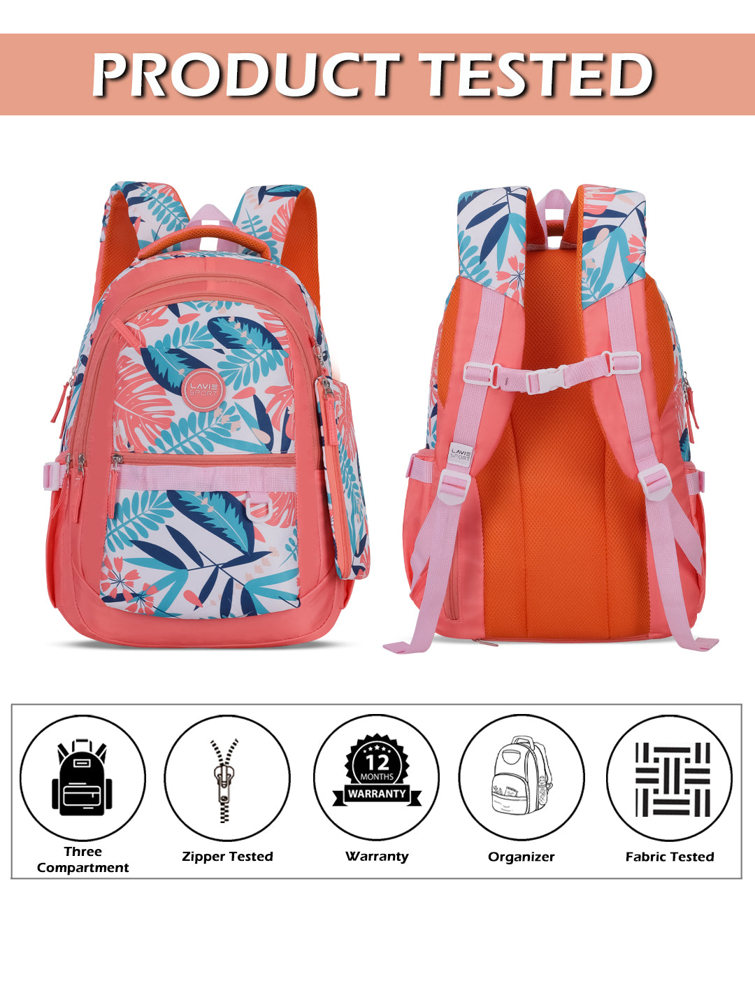 Coral Leaf Laptop Backpack Raincover Bag Coral