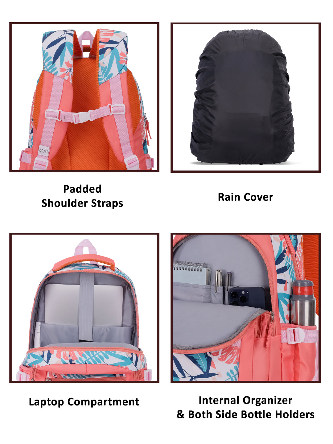 Coral Leaf Laptop Backpack Raincover Bag Coral