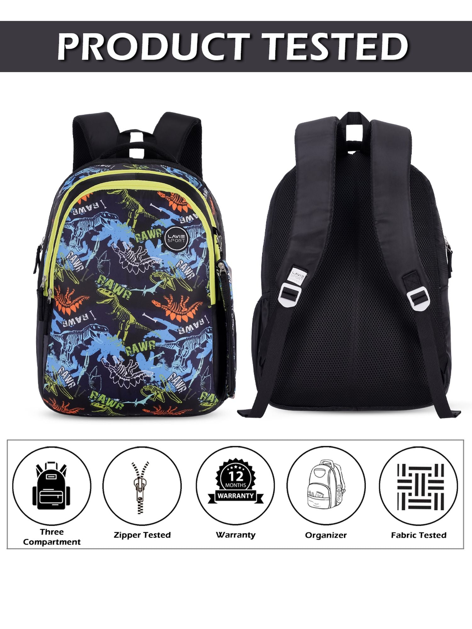 Tricer Printed Backpack Pencil Pouch Bag Black