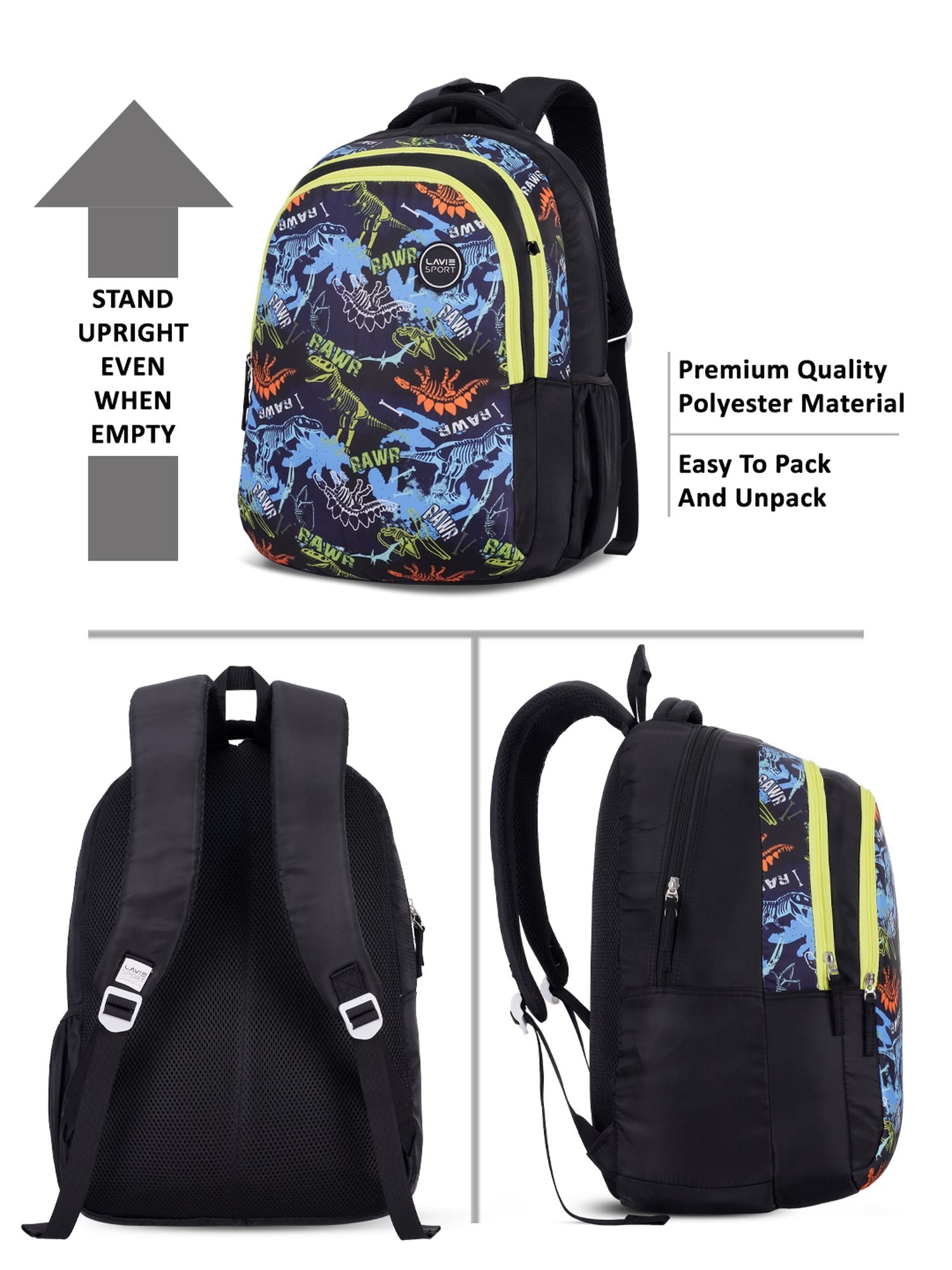 Tricer Printed Backpack Pencil Pouch Bag Black