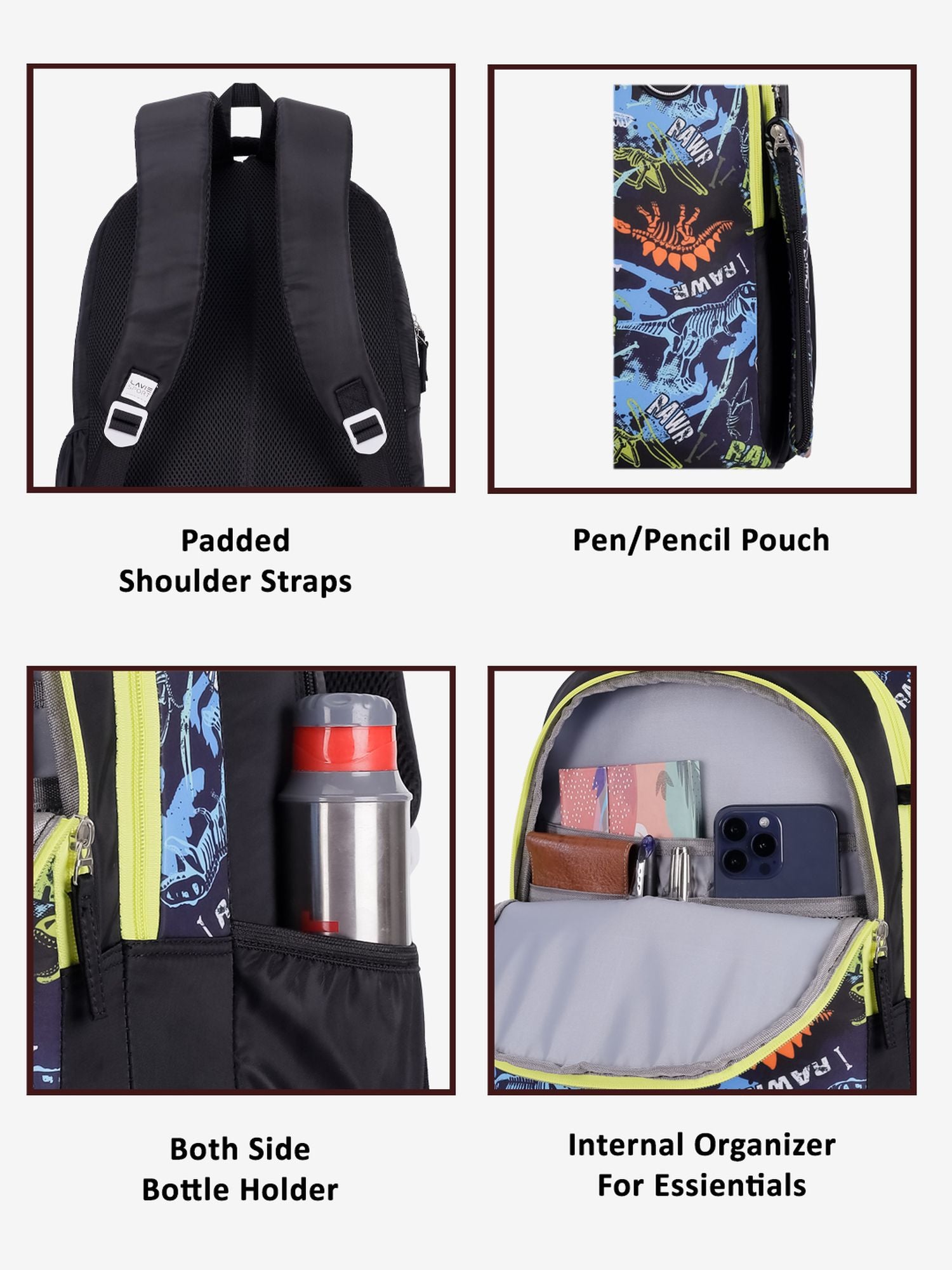 Tricer Printed Backpack Pencil Pouch Bag Black