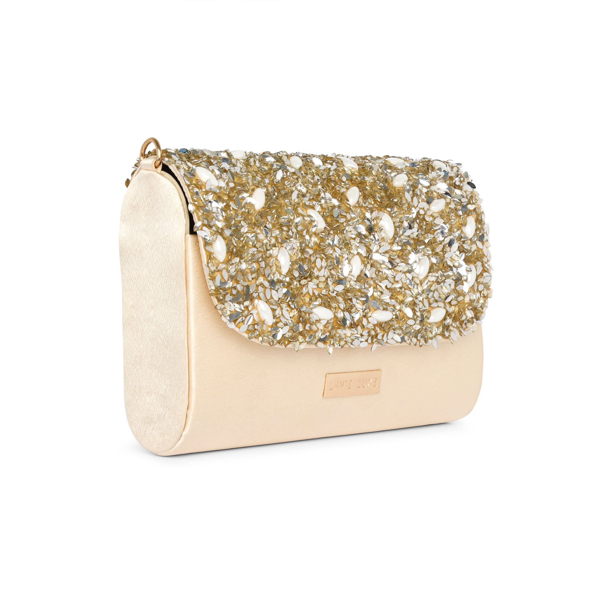 Lavie Luxe Gold Large Women's Crystal Flapover Sling Bag Clutch Purse