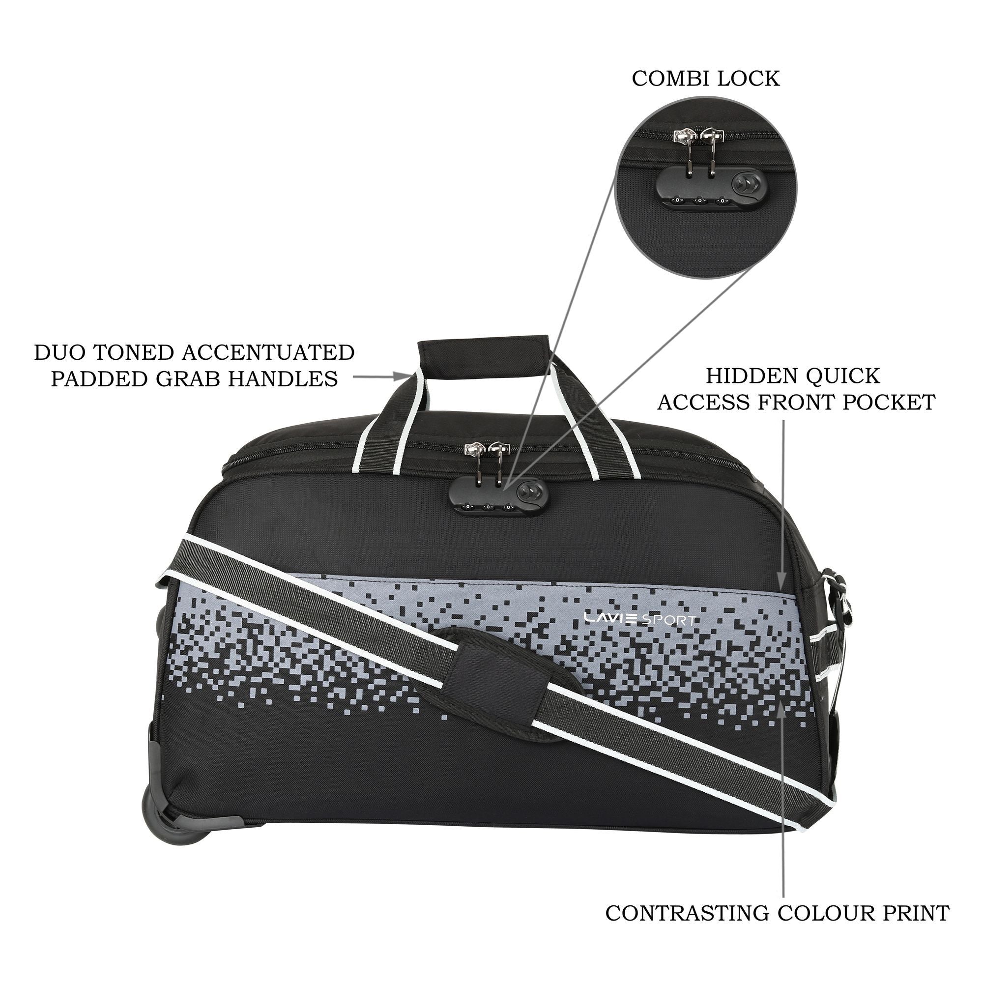 Lavie Sport Cabin Size 56 Litre Pixel Wheel Duffle Bag| | 2 Wheel Duffle Bag Black - Lavie World