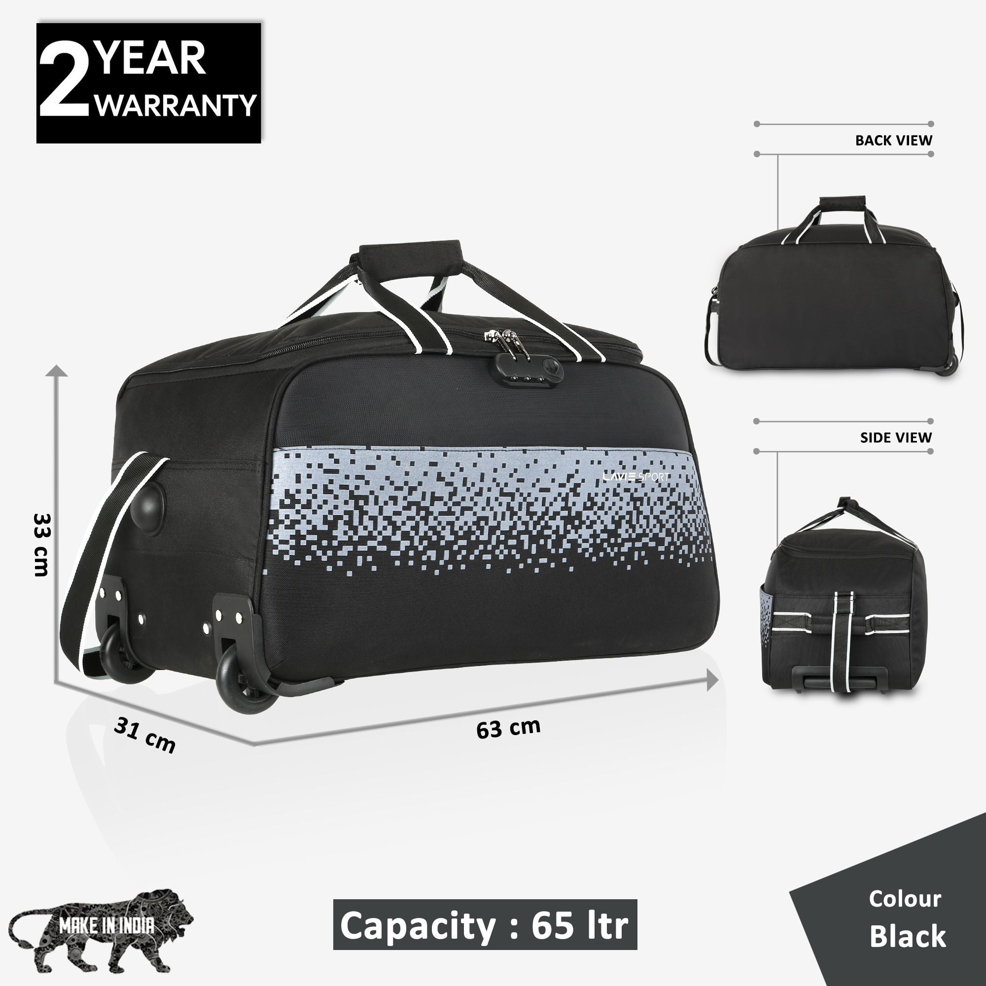 Lavie Sport Cabin Size 56 Litre Pixel Wheel Duffle Bag| | 2 Wheel Duffle Bag Black - Lavie World