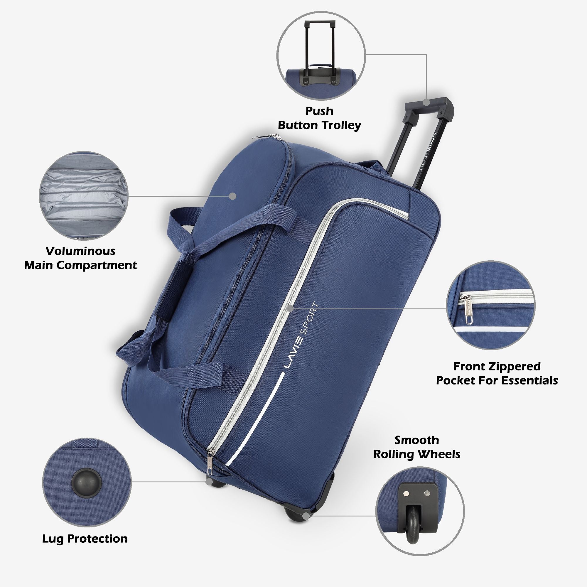 Lavie Sport Large Size 62 Cms Galactic Wheel Duffle Bag | Navy - Lavie World