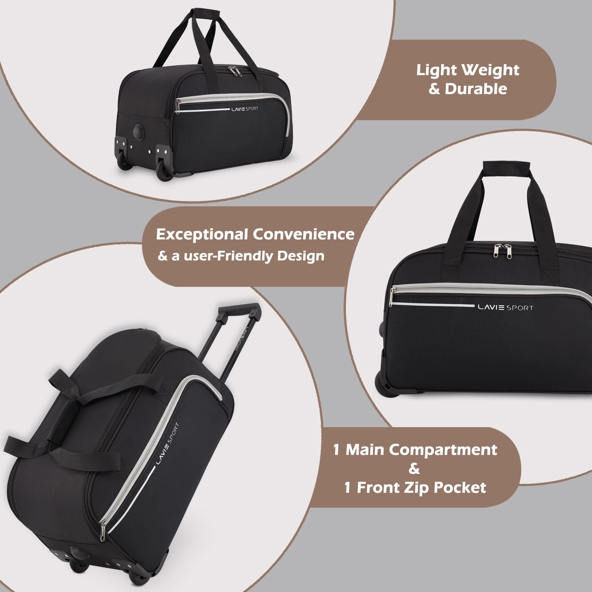 Lavie Sport Large Size 62 Cms Galactic Wheel Duffle Bag | Black - Lavie World