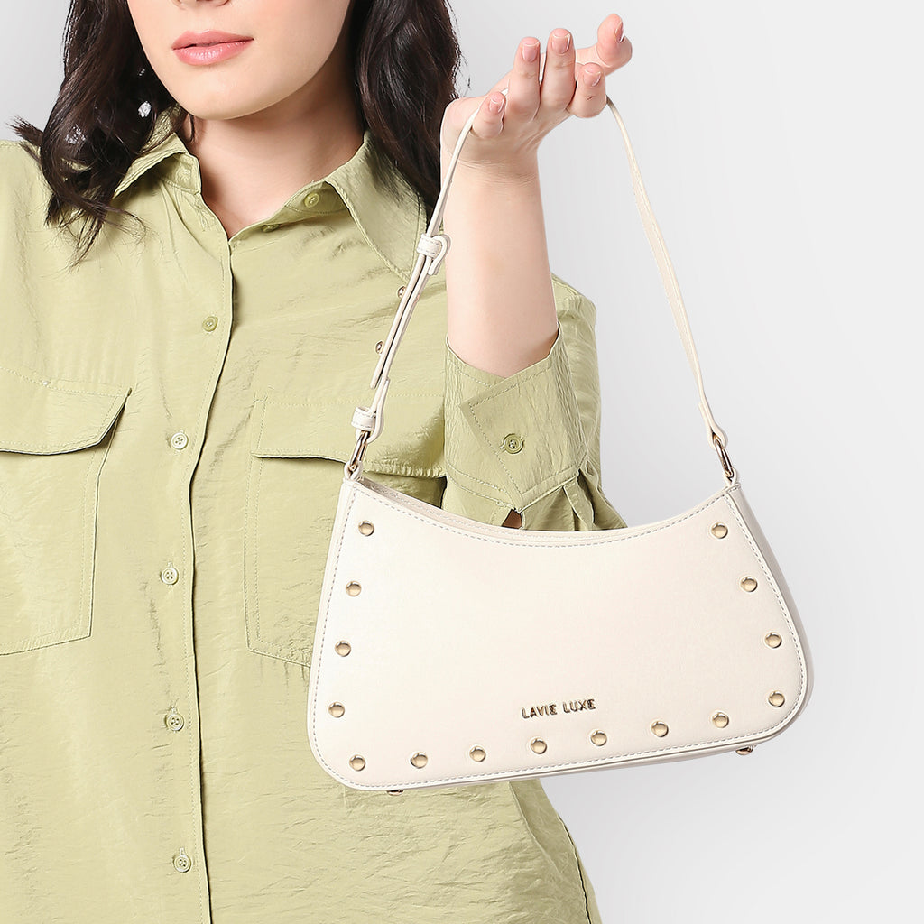Lavie Luxe Off White Small Women's Stud Girl's Hobo Bag