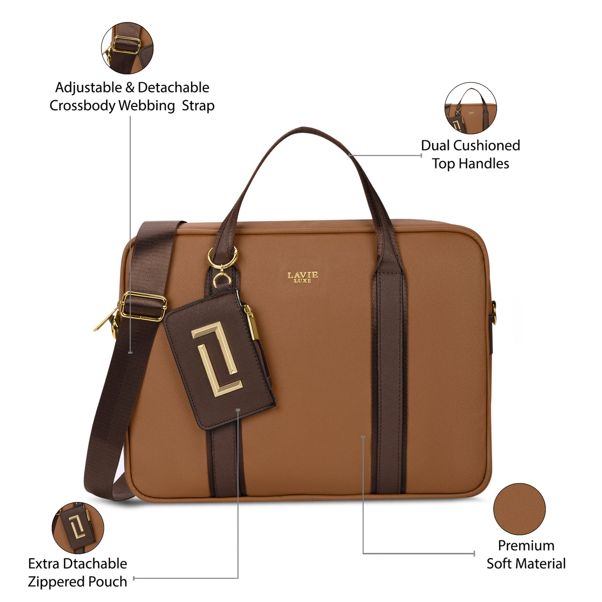 Delicaff 1 Compartment Large Tan Laptop Handbag