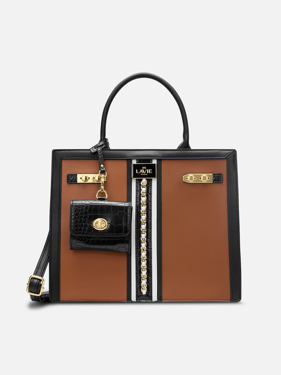 Louvre Large Chain Satchel Bag Beige/Black