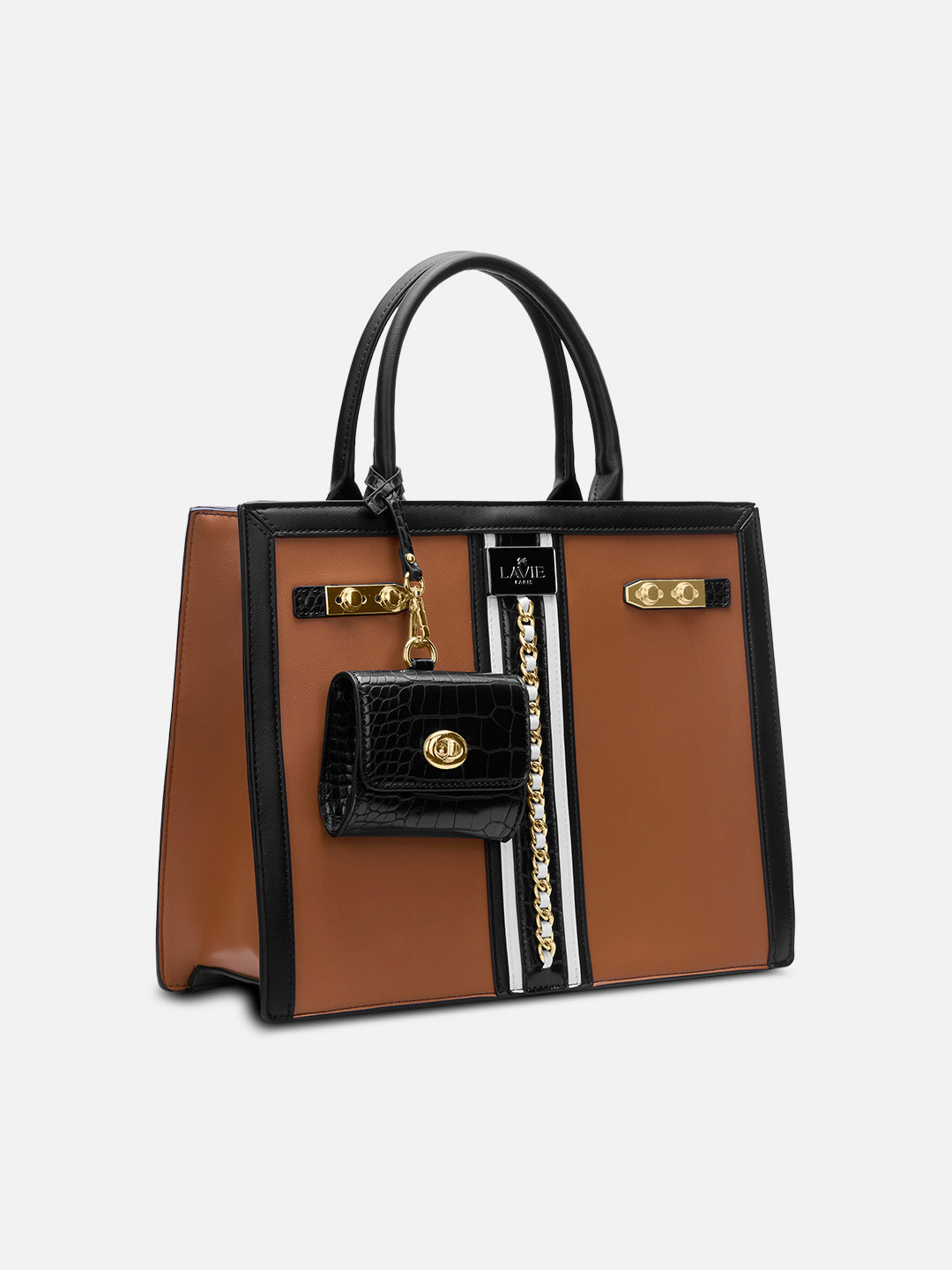 Louvre Large Chain Satchel Bag Beige/Black