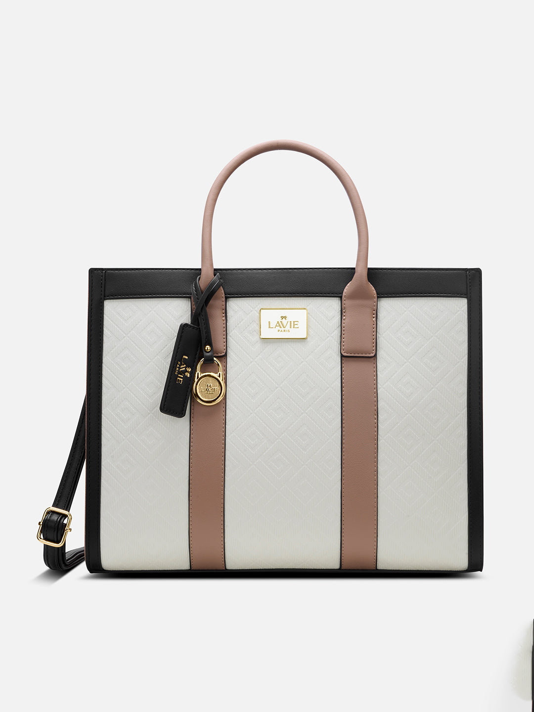 Eloise Large Box Satchel Bag Beige/Black