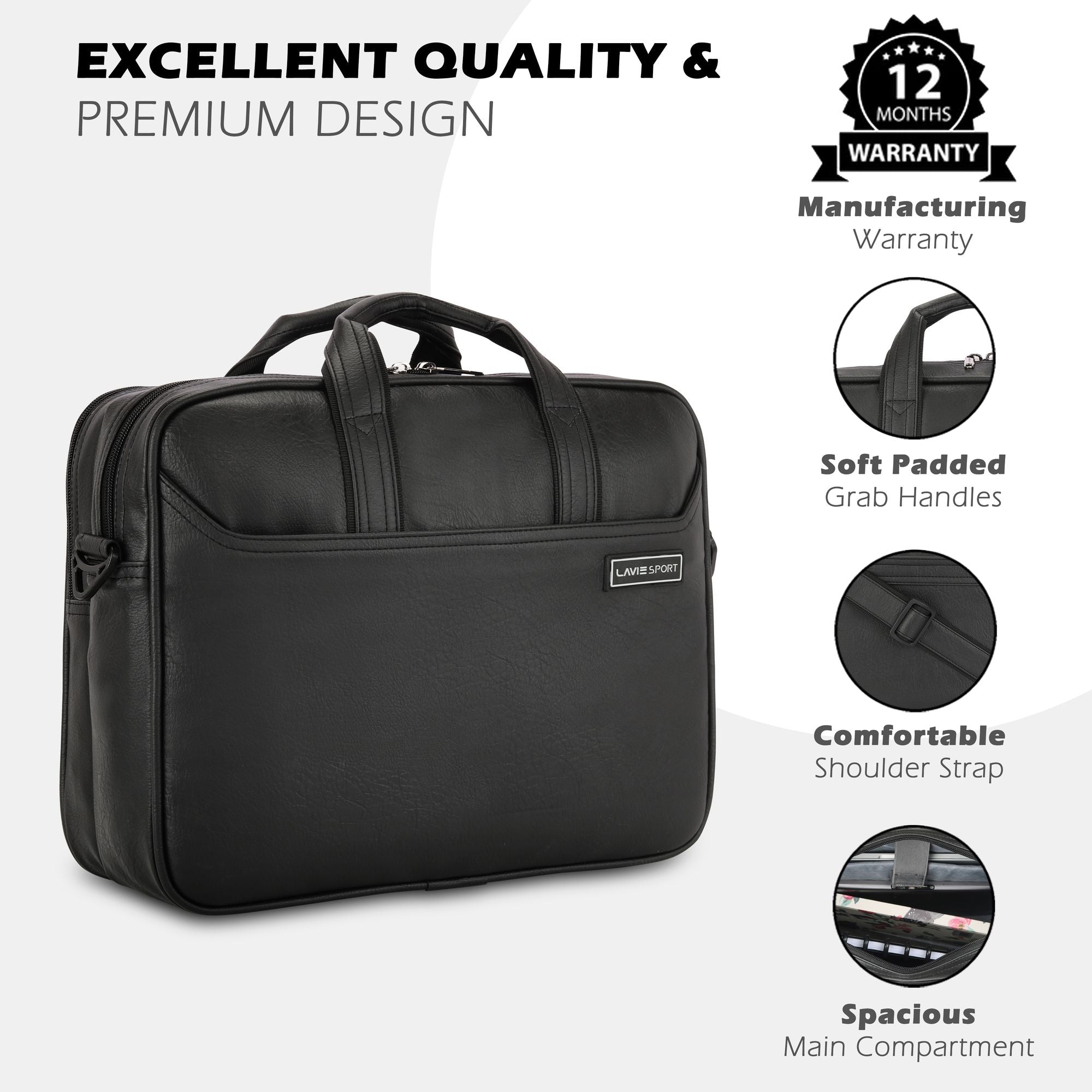Lavie Sport Compartments Executive Unisex Laptop Briefcase Bag Black