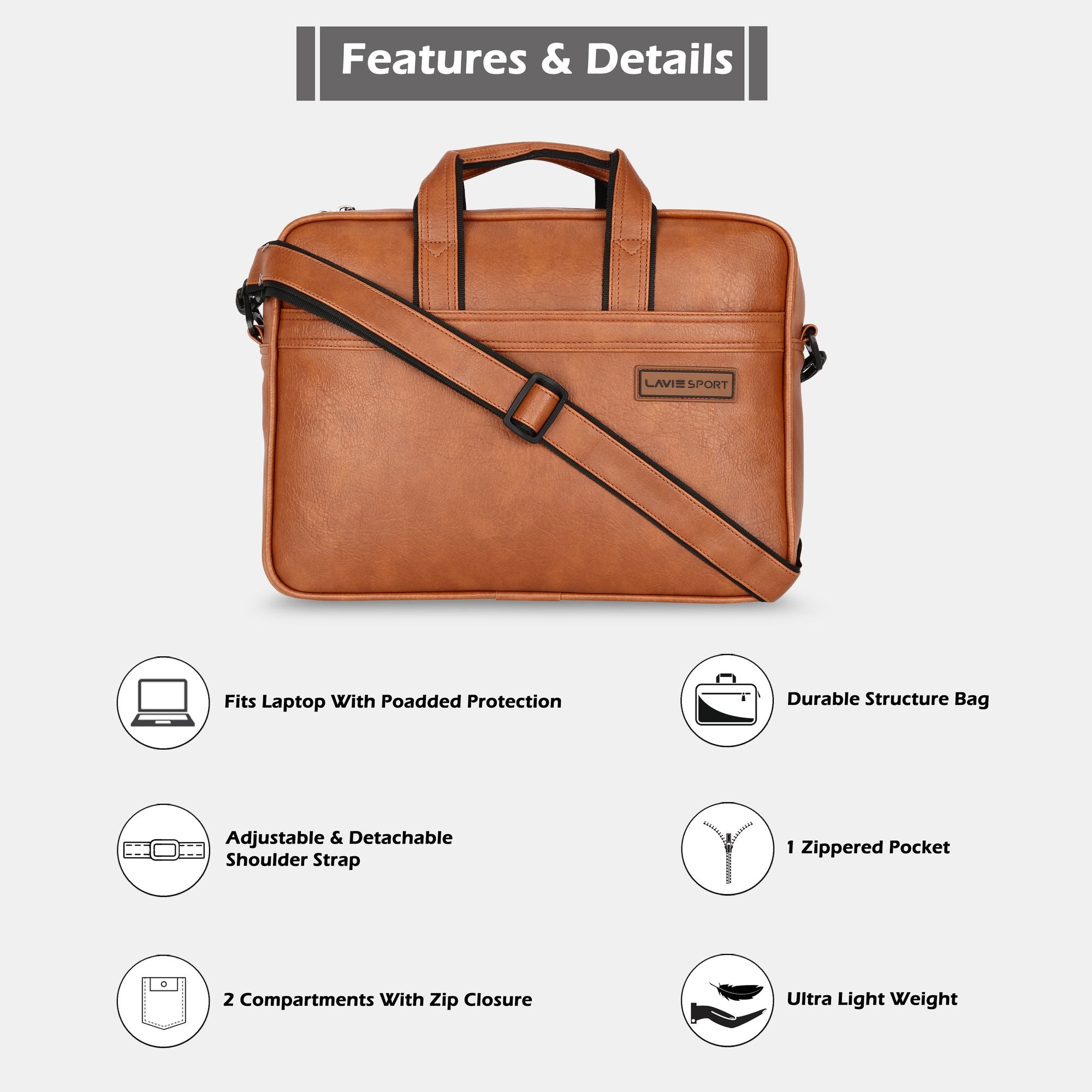 Lavie Sport 1 Compartment Director Unisex Laptop briefcase Bag Tan - Lavie World